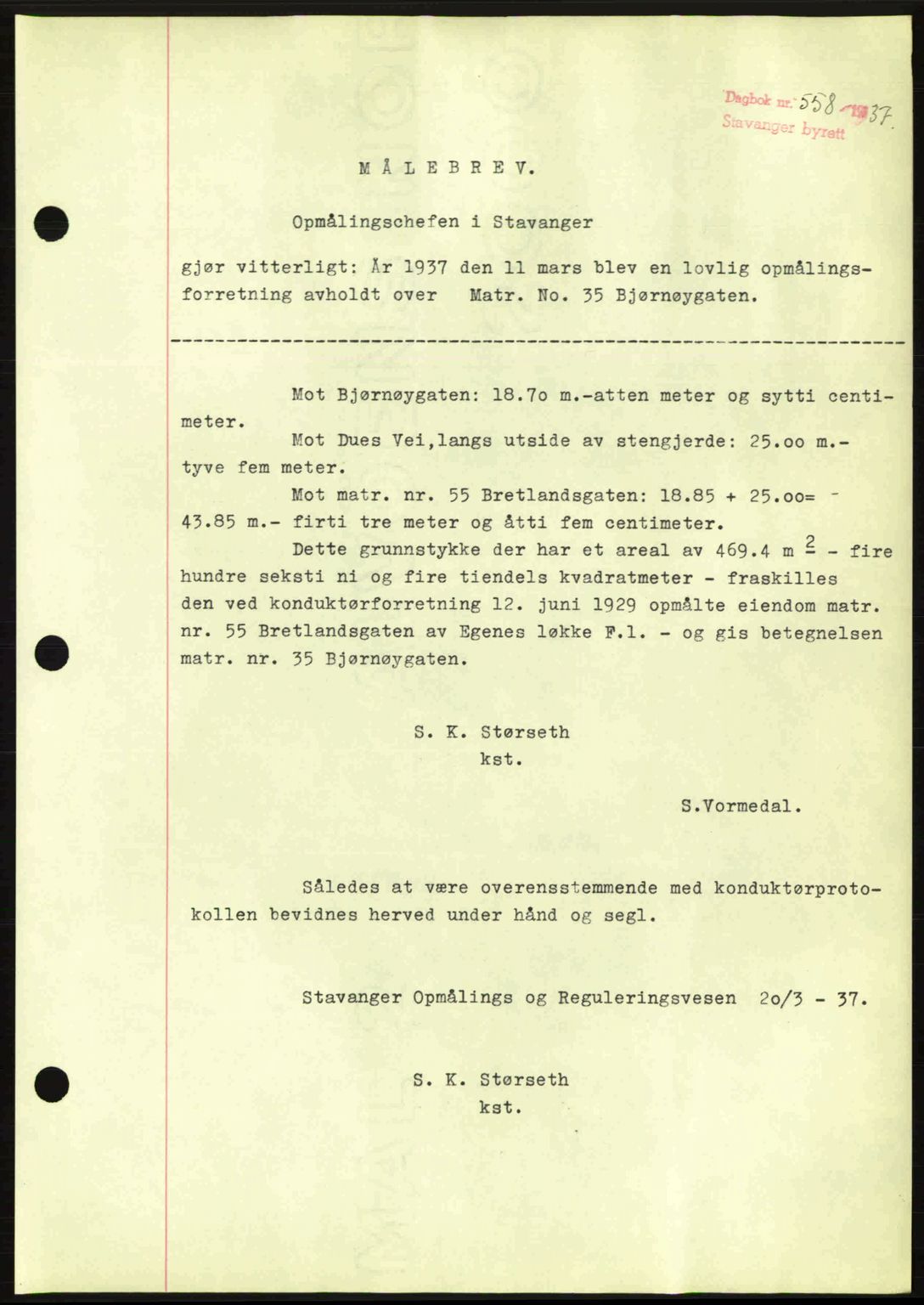 Stavanger byrett, SAST/A-100455/002/G/Gb/L0012: Mortgage book no. A2, 1936-1937, Diary no: : 558/1937