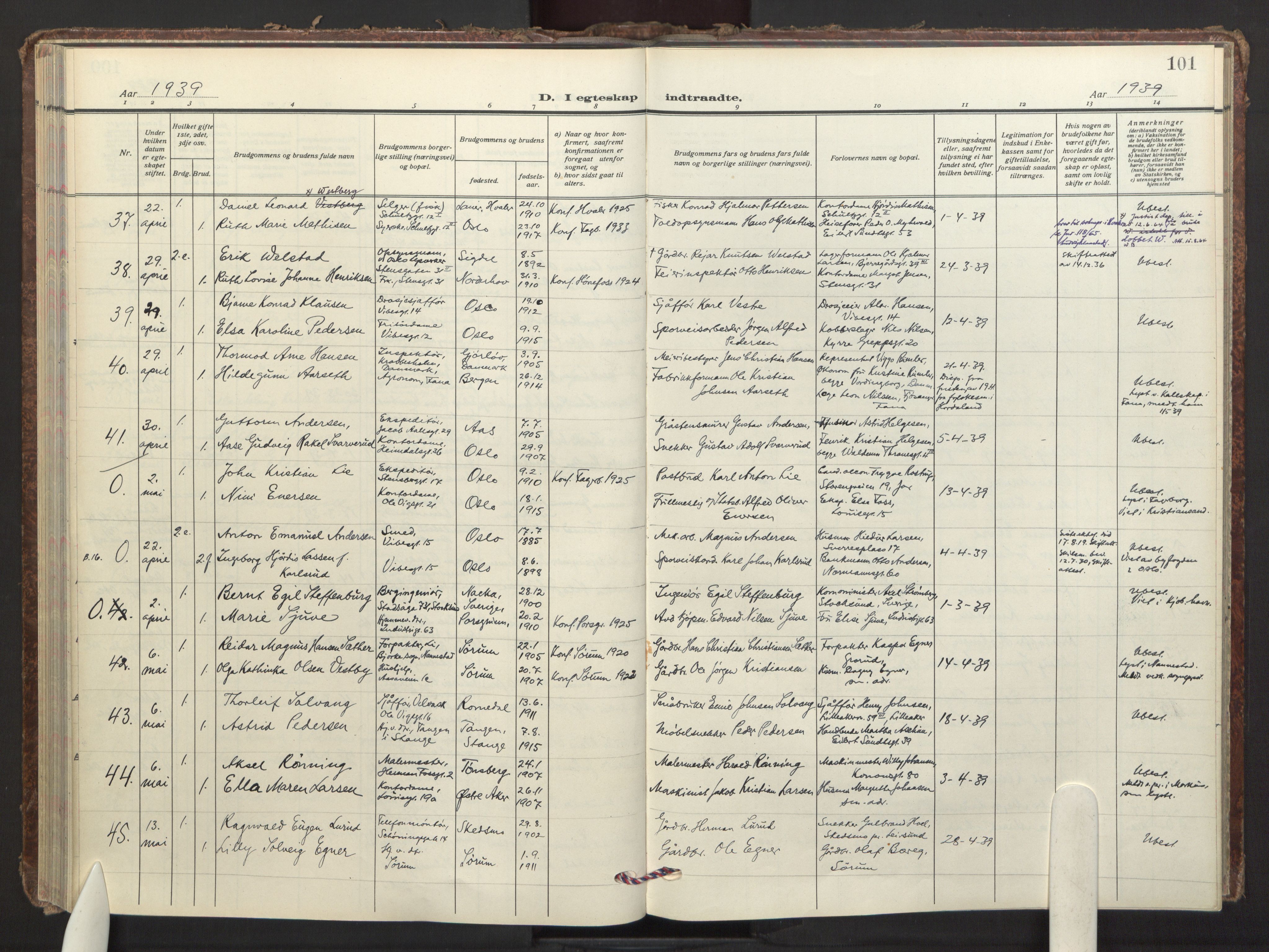 Fagerborg prestekontor Kirkebøker, AV/SAO-A-10844/F/Fa/L0009: Parish register (official) no. 9, 1934-1945, p. 101