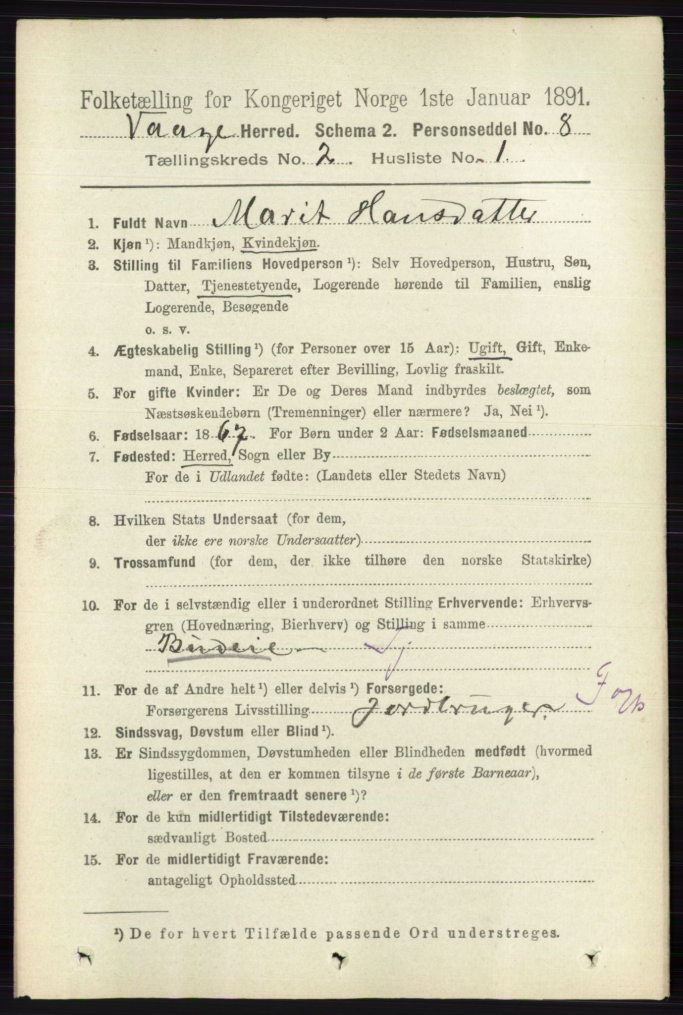 RA, 1891 census for 0515 Vågå, 1891, p. 1142