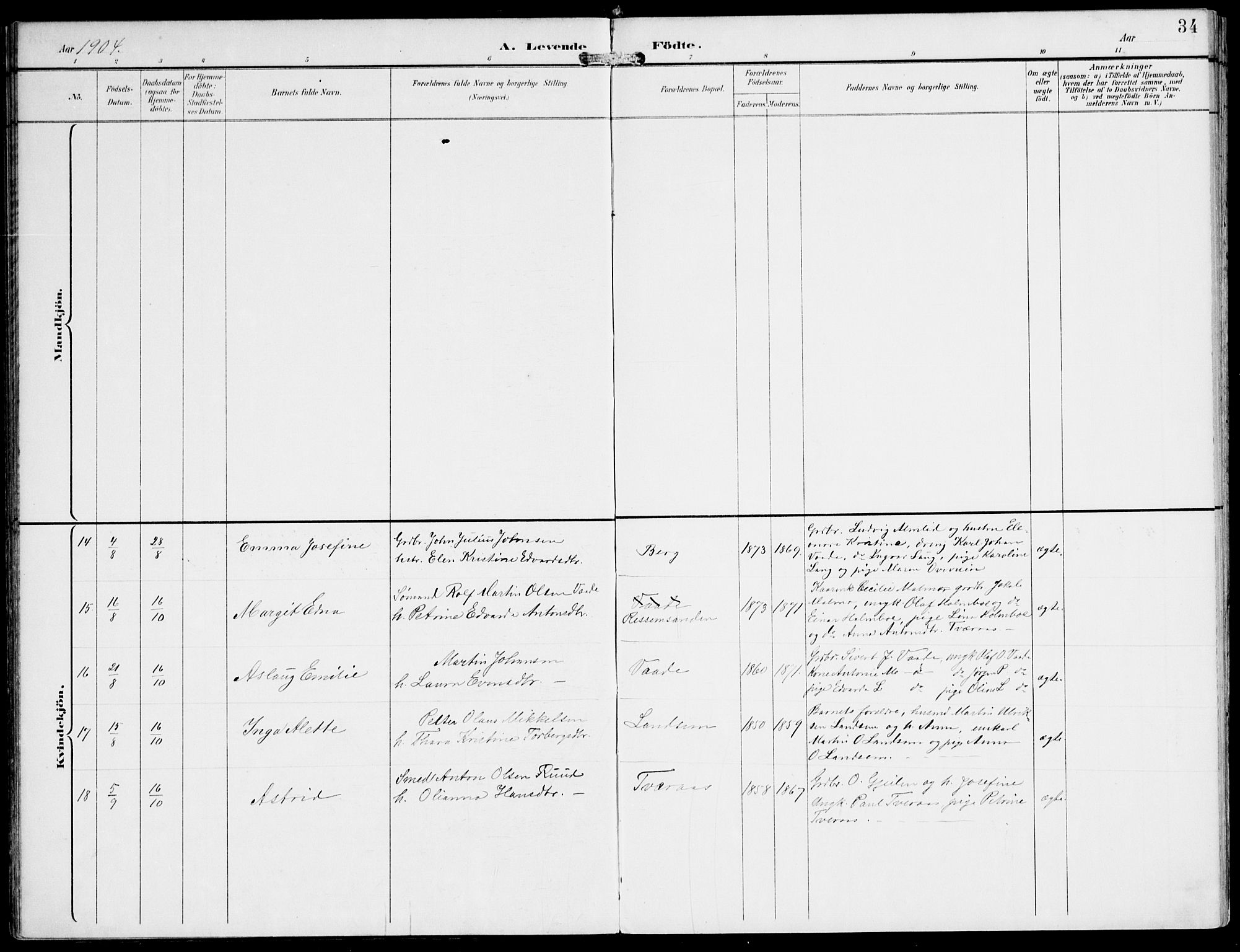 Ministerialprotokoller, klokkerbøker og fødselsregistre - Nord-Trøndelag, AV/SAT-A-1458/745/L0430: Parish register (official) no. 745A02, 1895-1913, p. 34