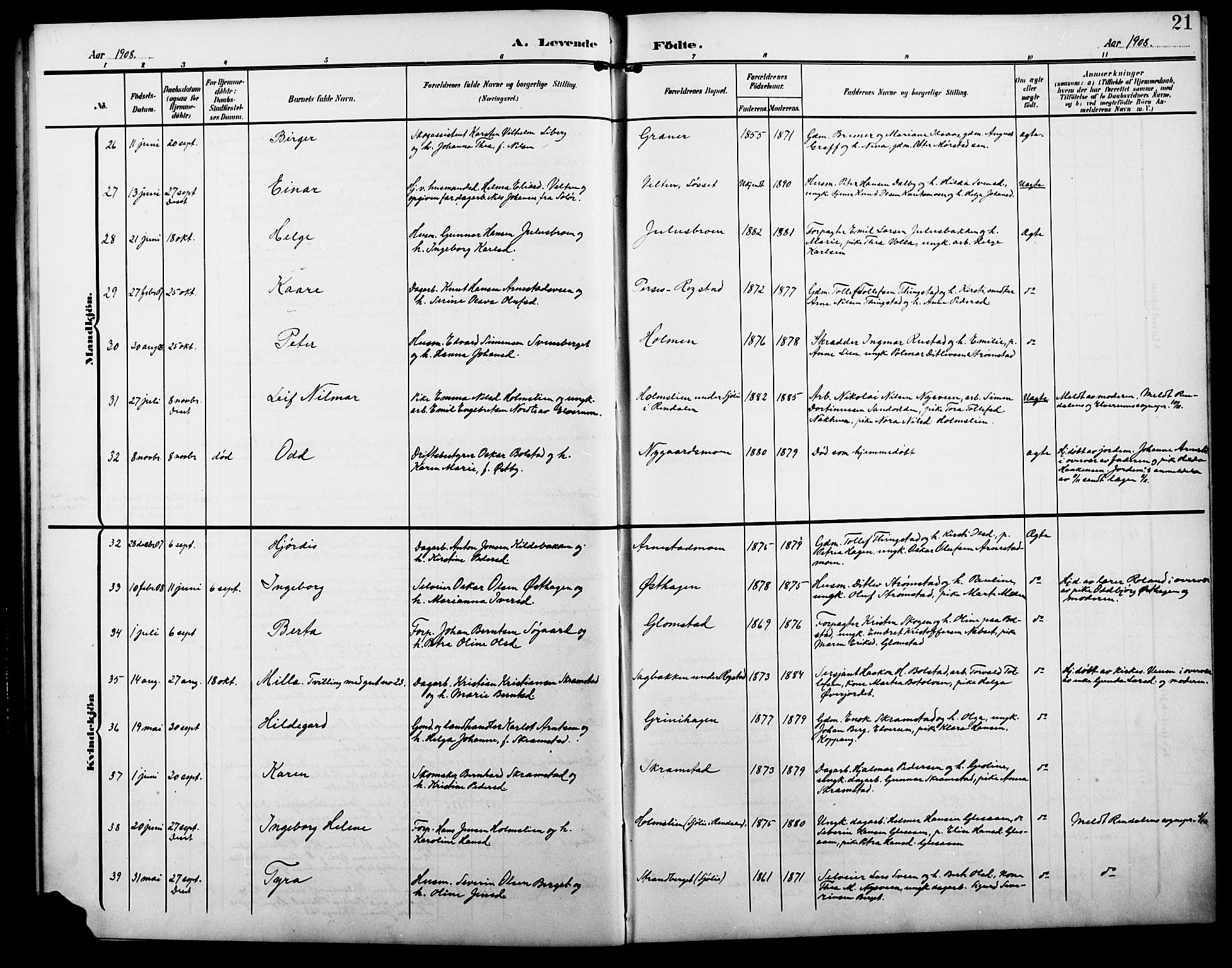 Åmot prestekontor, Hedmark, SAH/PREST-056/H/Ha/Hab/L0004: Parish register (copy) no. 4, 1905-1920, p. 21