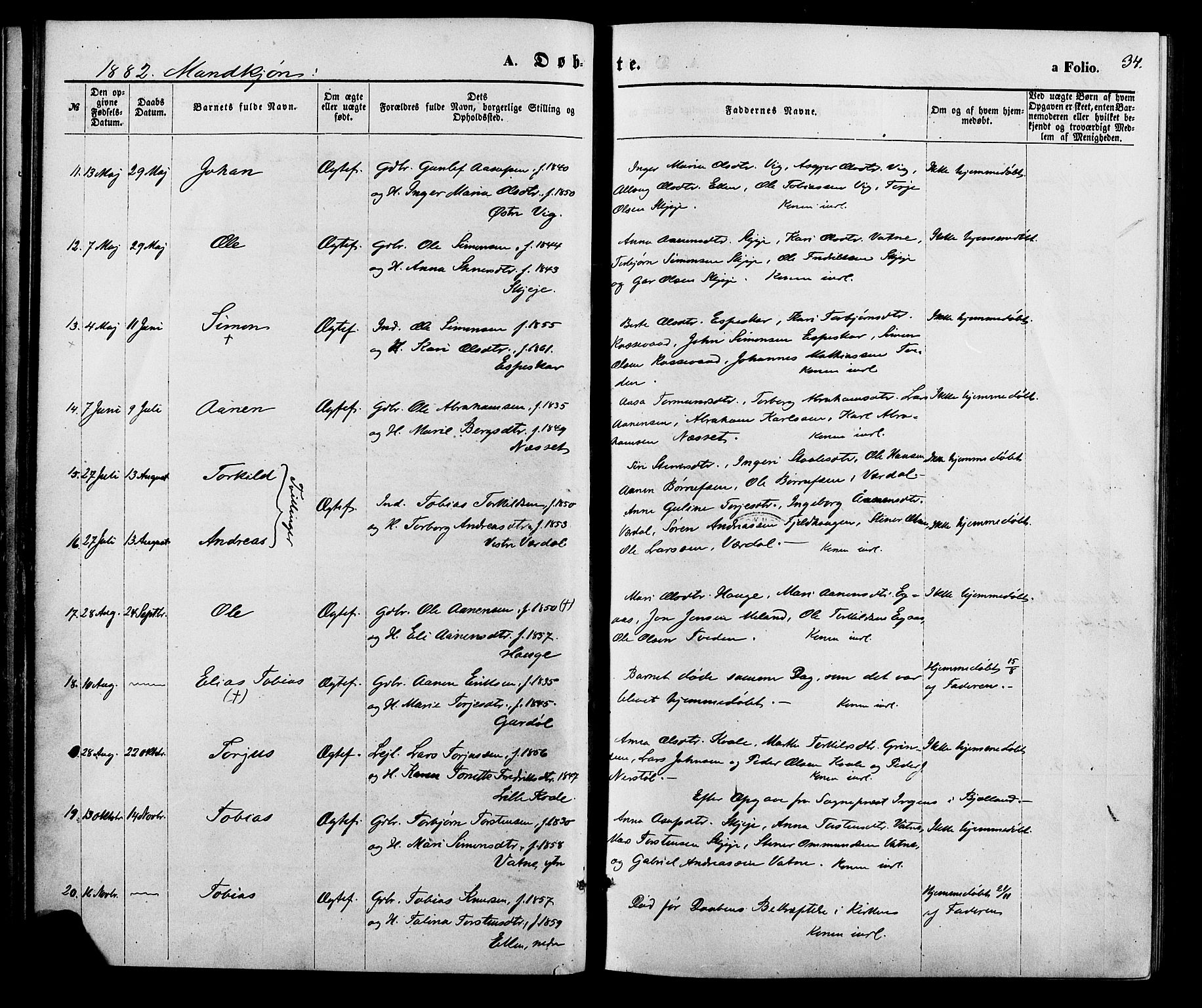 Hægebostad sokneprestkontor, SAK/1111-0024/F/Fa/Fab/L0003: Parish register (official) no. A 3, 1872-1886, p. 34