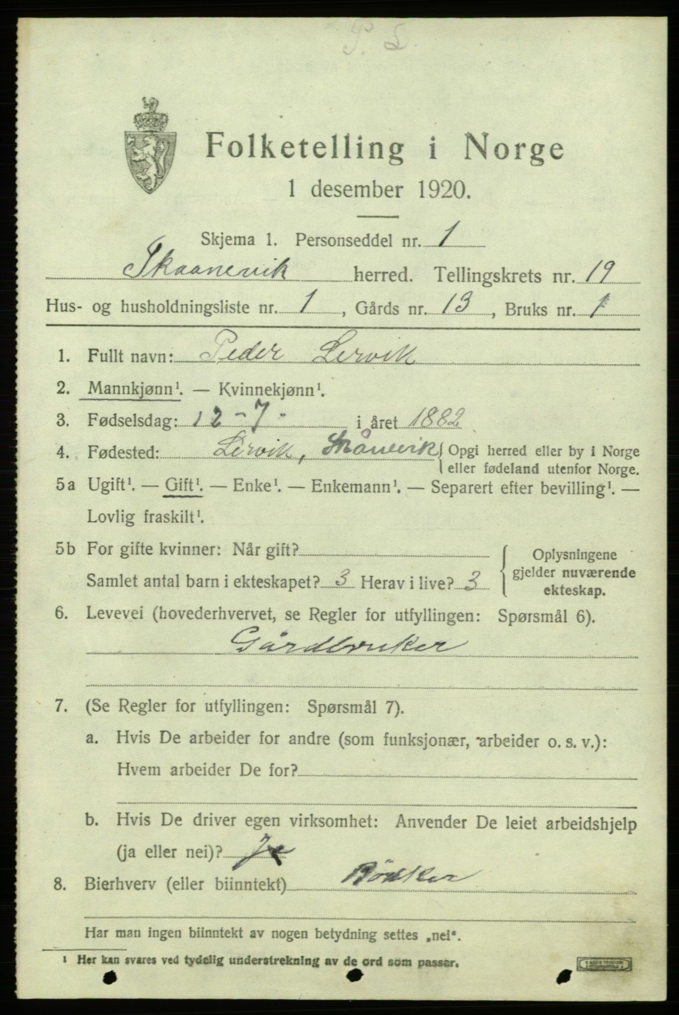 SAB, 1920 census for Skånevik, 1920, p. 6983