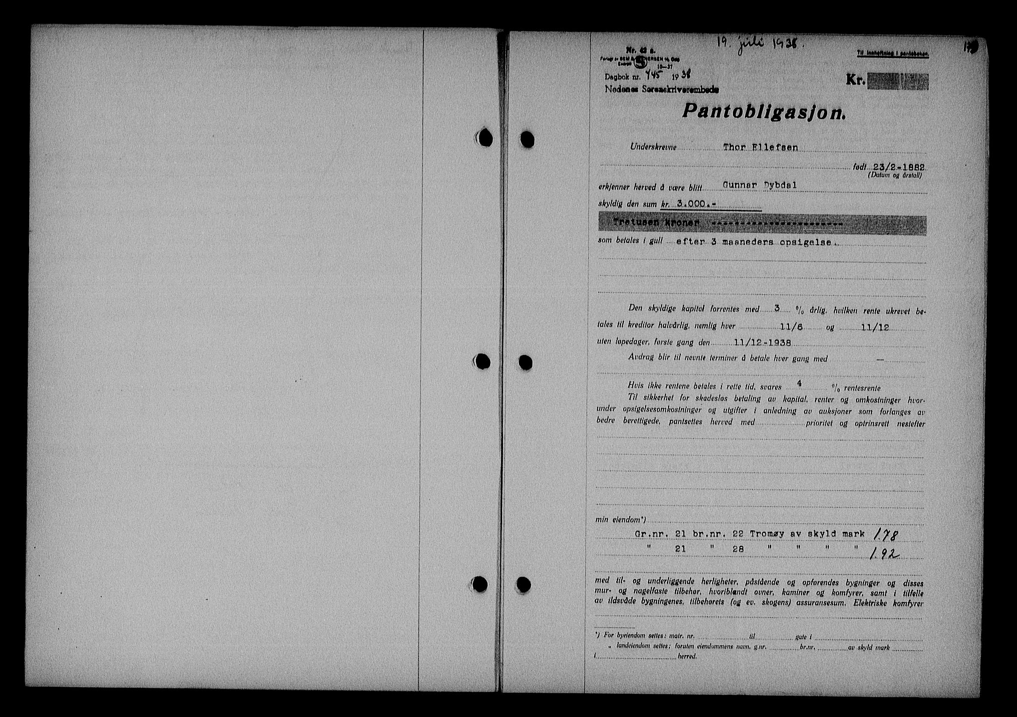 Nedenes sorenskriveri, SAK/1221-0006/G/Gb/Gba/L0045: Mortgage book no. 41, 1938-1938, Diary no: : 745/1938