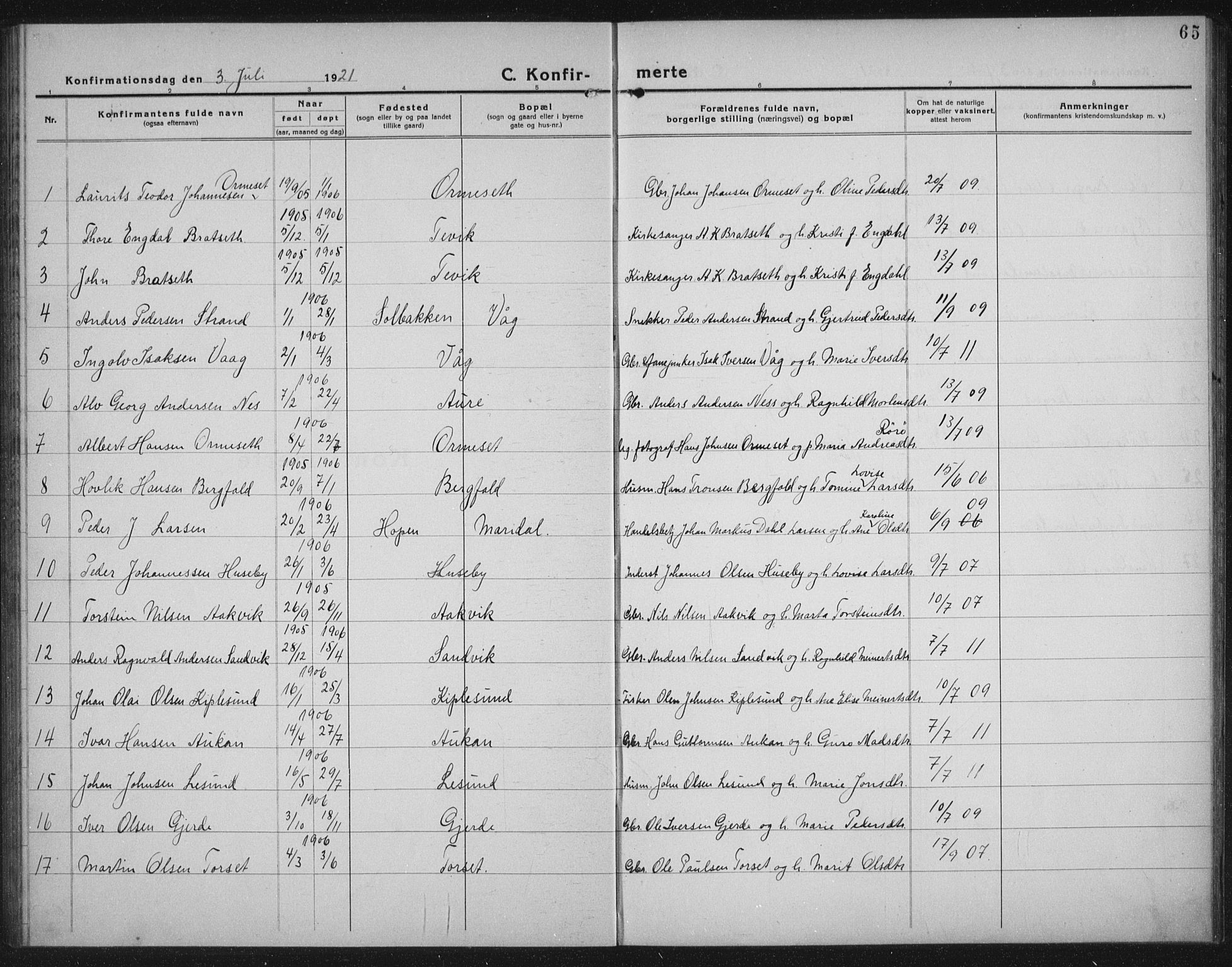 Ministerialprotokoller, klokkerbøker og fødselsregistre - Møre og Romsdal, AV/SAT-A-1454/578/L0911: Parish register (copy) no. 578C04, 1921-1940, p. 65