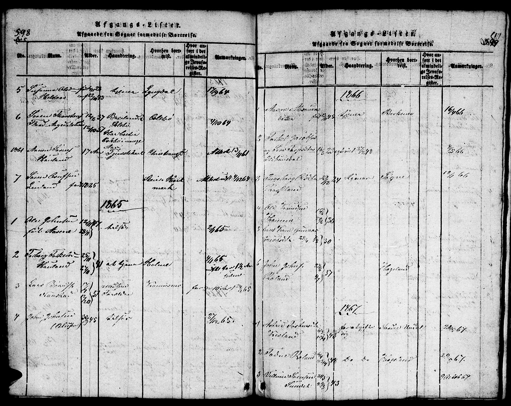 Bjelland sokneprestkontor, SAK/1111-0005/F/Fb/Fba/L0003: Parish register (copy) no. B 3, 1816-1870, p. 598-599