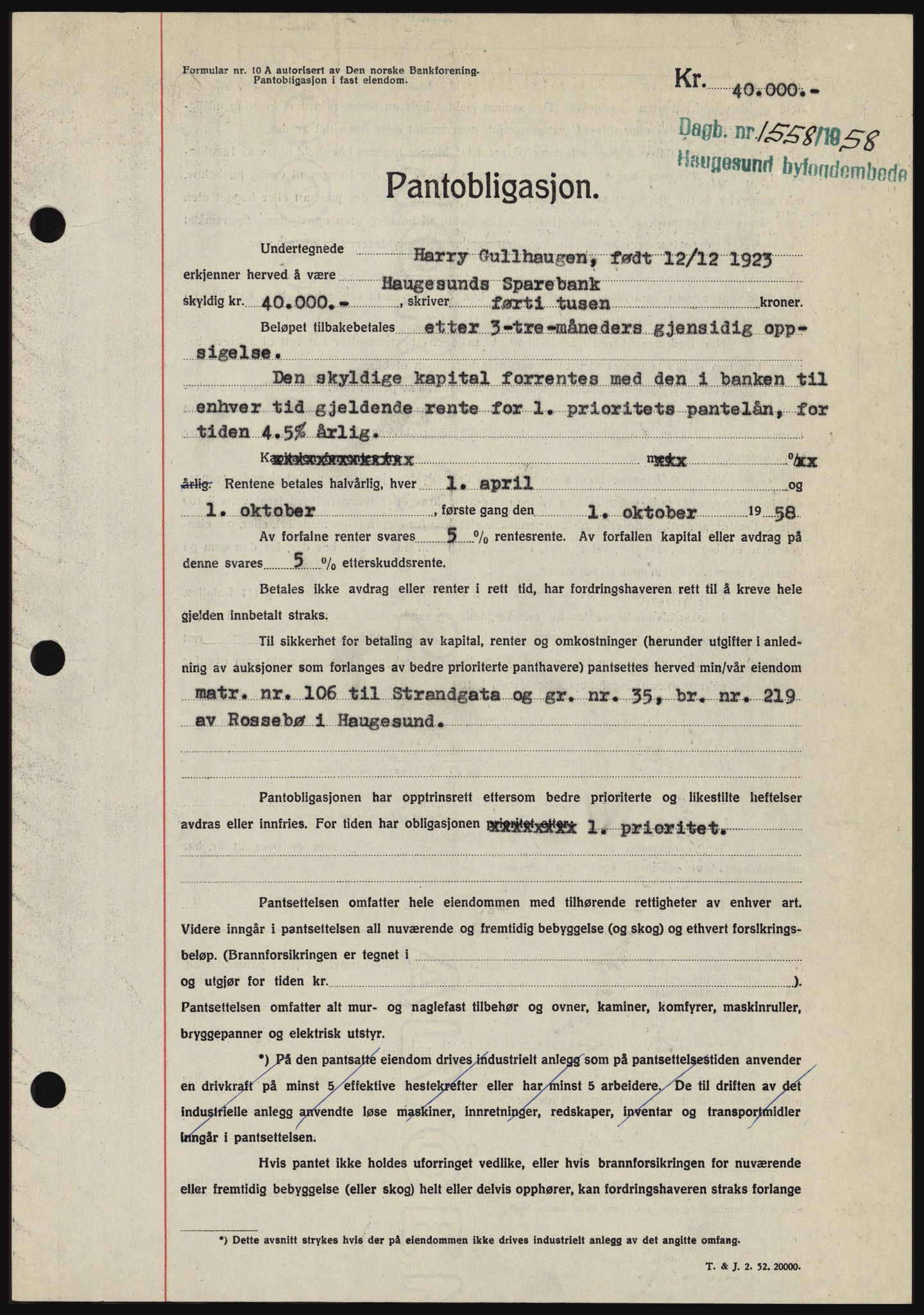 Haugesund tingrett, SAST/A-101415/01/II/IIC/L0044: Mortgage book no. B 44, 1958-1959, Diary no: : 1558/1958