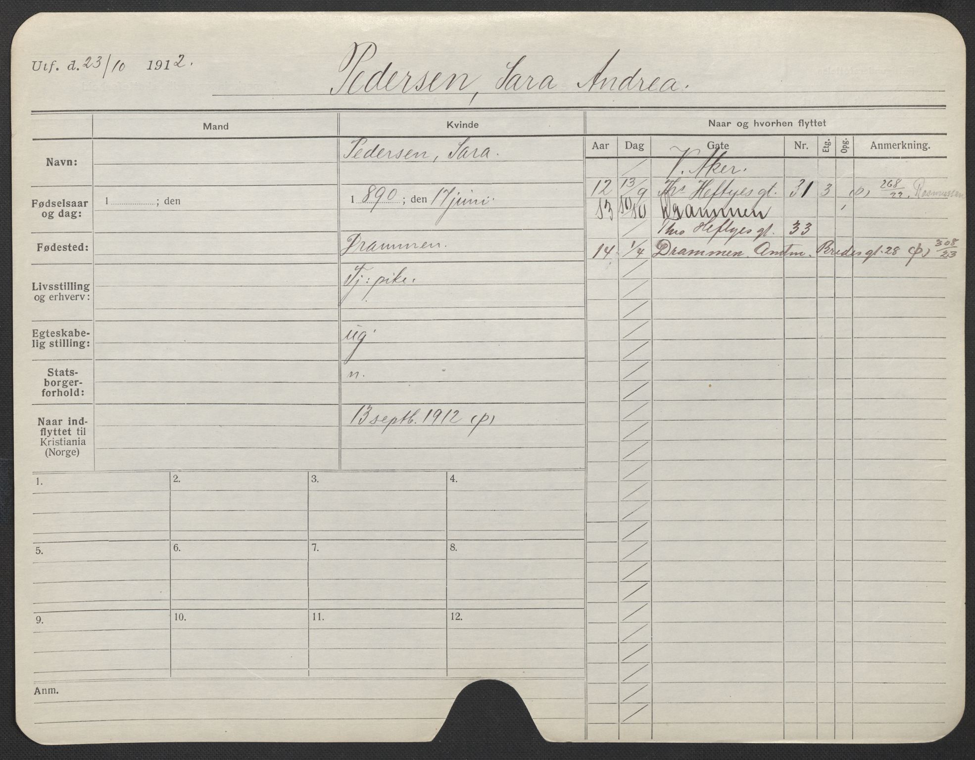 Oslo folkeregister, Registerkort, AV/SAO-A-11715/F/Fa/Fac/L0022: Kvinner, 1906-1914, p. 867a