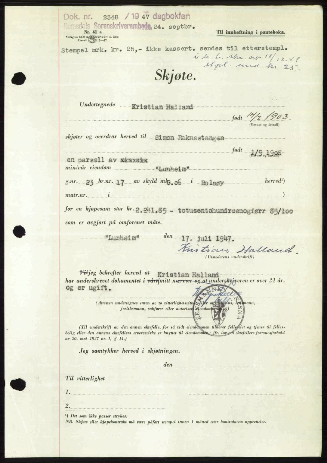 Romsdal sorenskriveri, SAT/A-4149/1/2/2C: Mortgage book no. A24, 1947-1947, Diary no: : 2348/1947