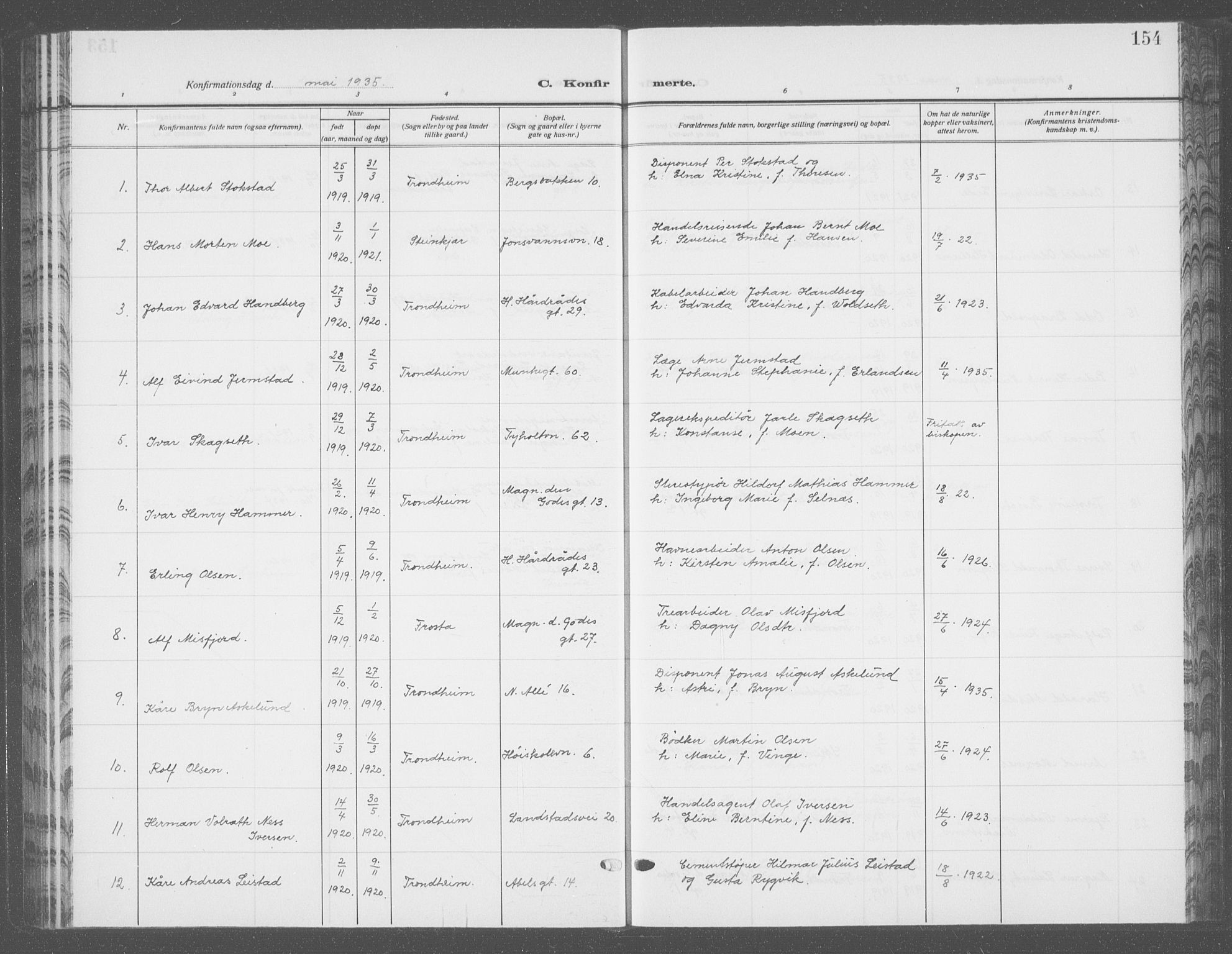 Ministerialprotokoller, klokkerbøker og fødselsregistre - Sør-Trøndelag, SAT/A-1456/601/L0099: Parish register (copy) no. 601C17, 1928-1941, p. 154