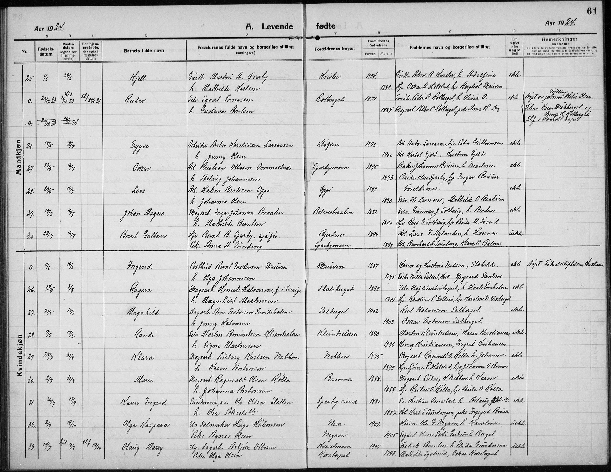 Hof prestekontor, AV/SAH-PREST-038/H/Ha/Hab/L0002: Parish register (copy) no. 2, 1915-1934, p. 61