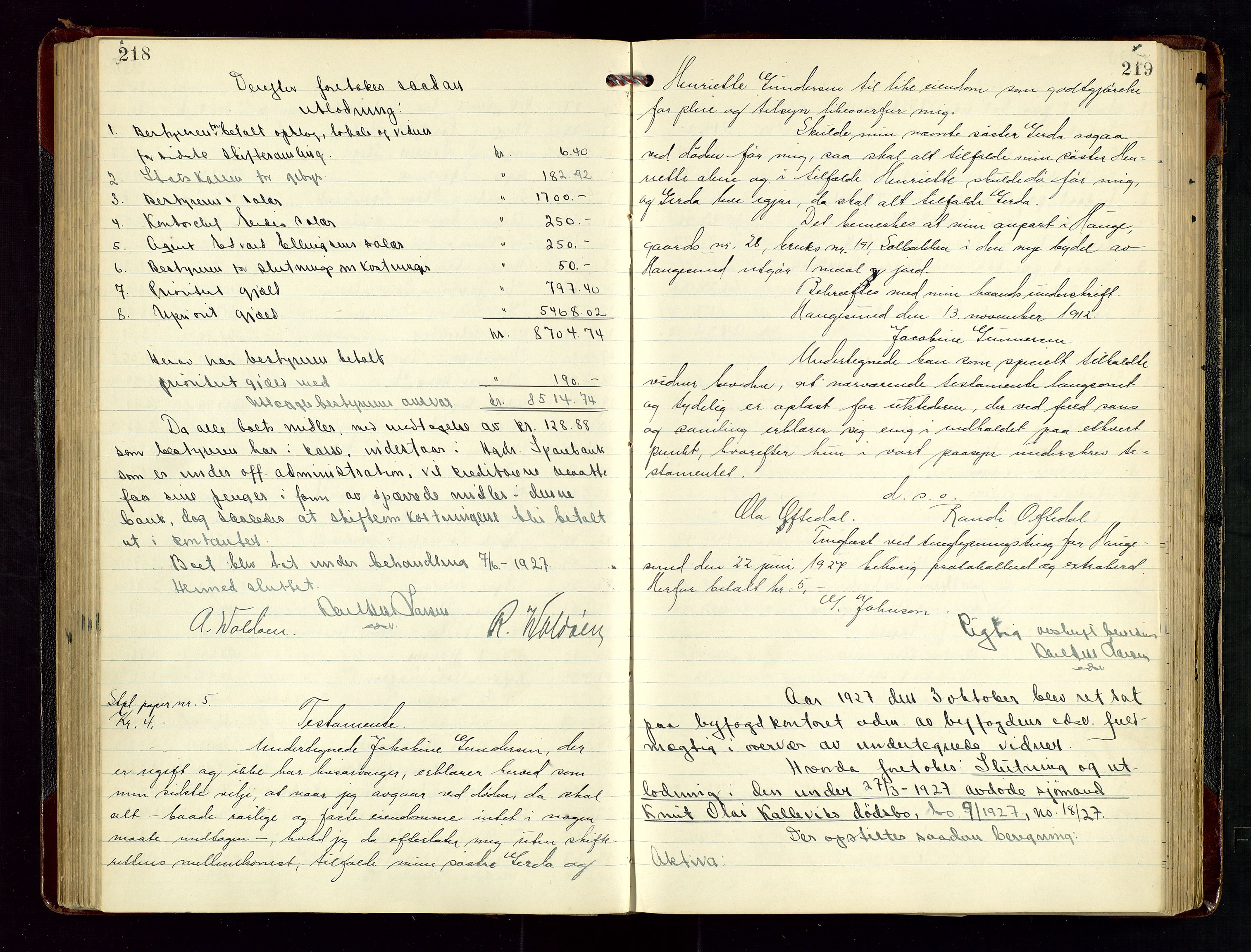 Haugesund tingrett, AV/SAST-A-101415/01/IV/IVD/L0004: Skifteutlodningsprotokoll, med register, 1924-1931, p. 218-219