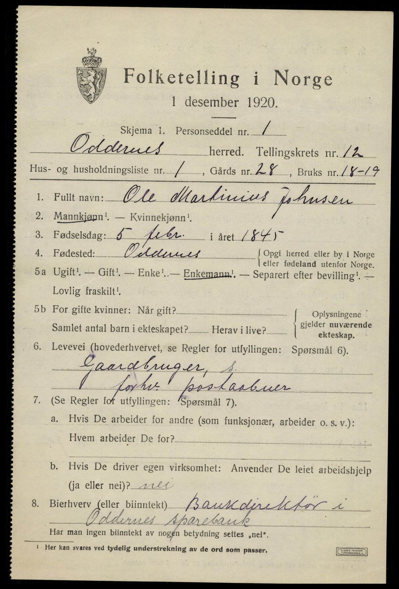 SAK, 1920 census for Oddernes, 1920, p. 7601