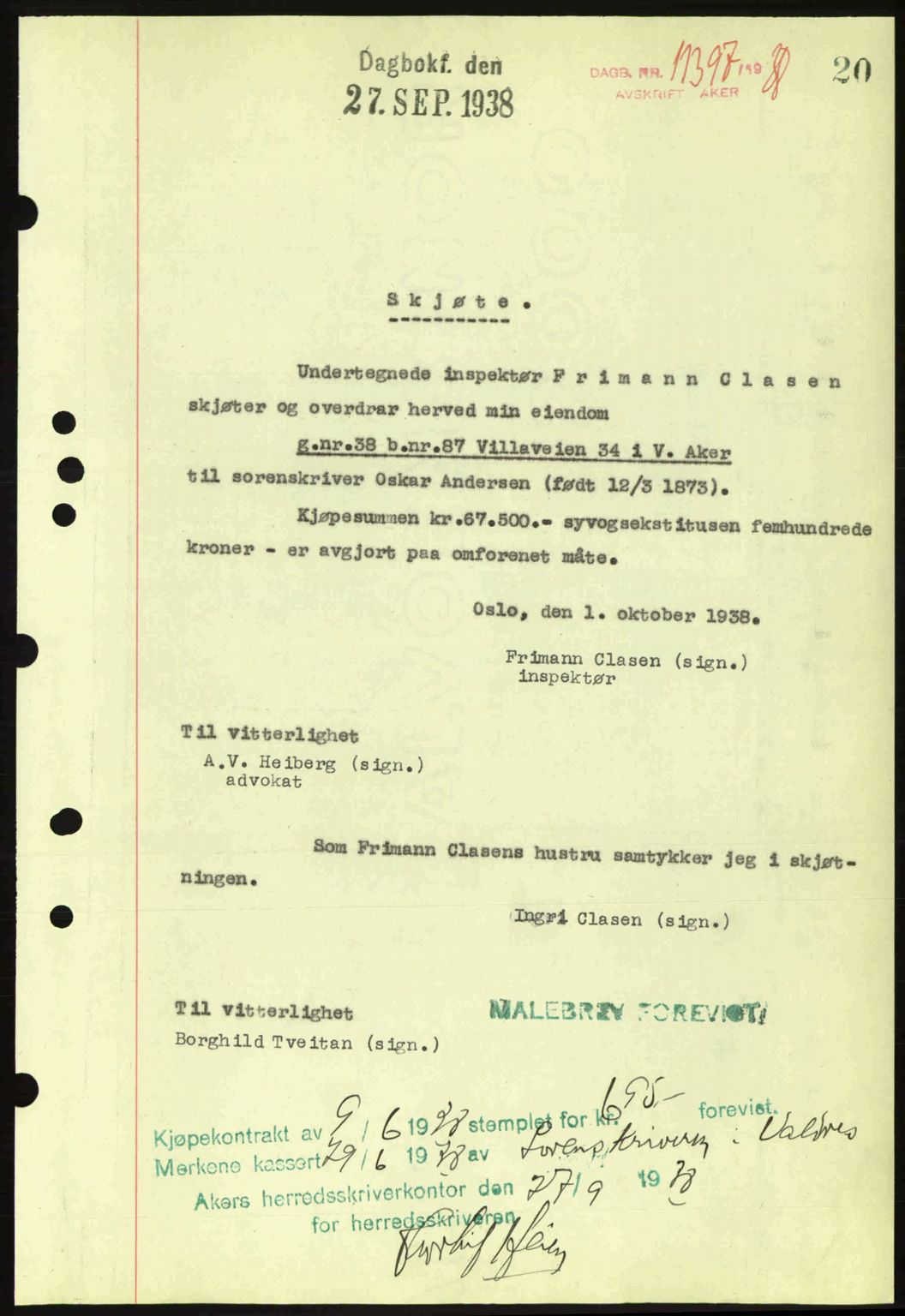 Aker herredsskriveri, SAO/A-10896/G/Gb/Gba/Gbab/L0025: Mortgage book no. A154-155, 1938-1938, Diary no: : 11397/1938