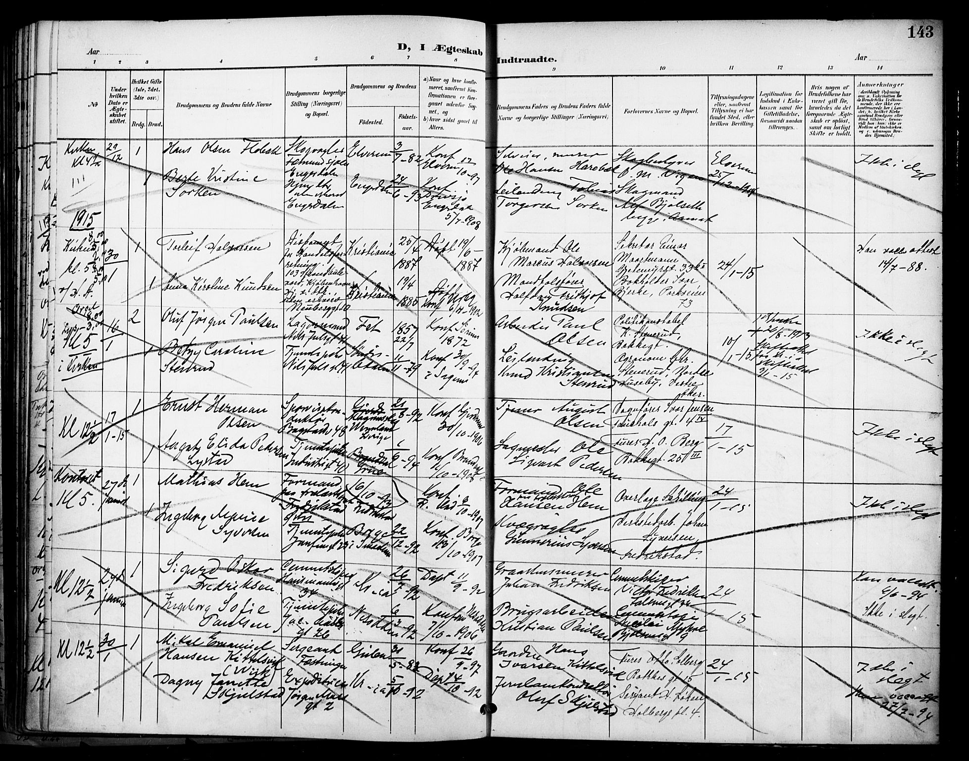 Uranienborg prestekontor Kirkebøker, SAO/A-10877/H/Ha/L0004: Banns register no. I 4, 1901-1915, p. 143