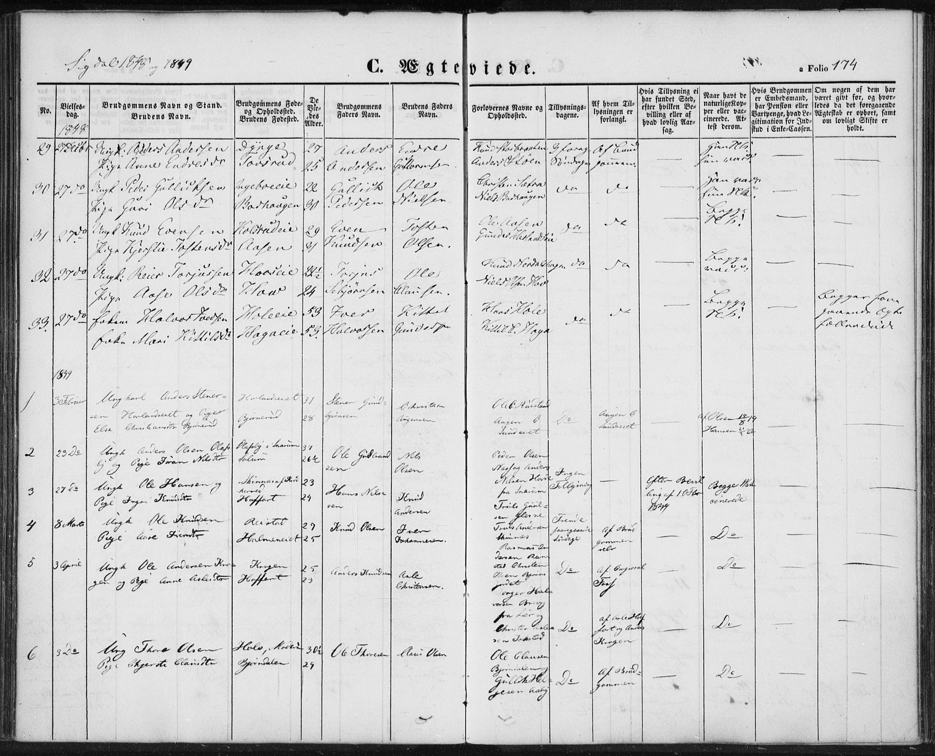 Sigdal kirkebøker, AV/SAKO-A-245/F/Fa/L0007: Parish register (official) no. I 7, 1844-1849, p. 174