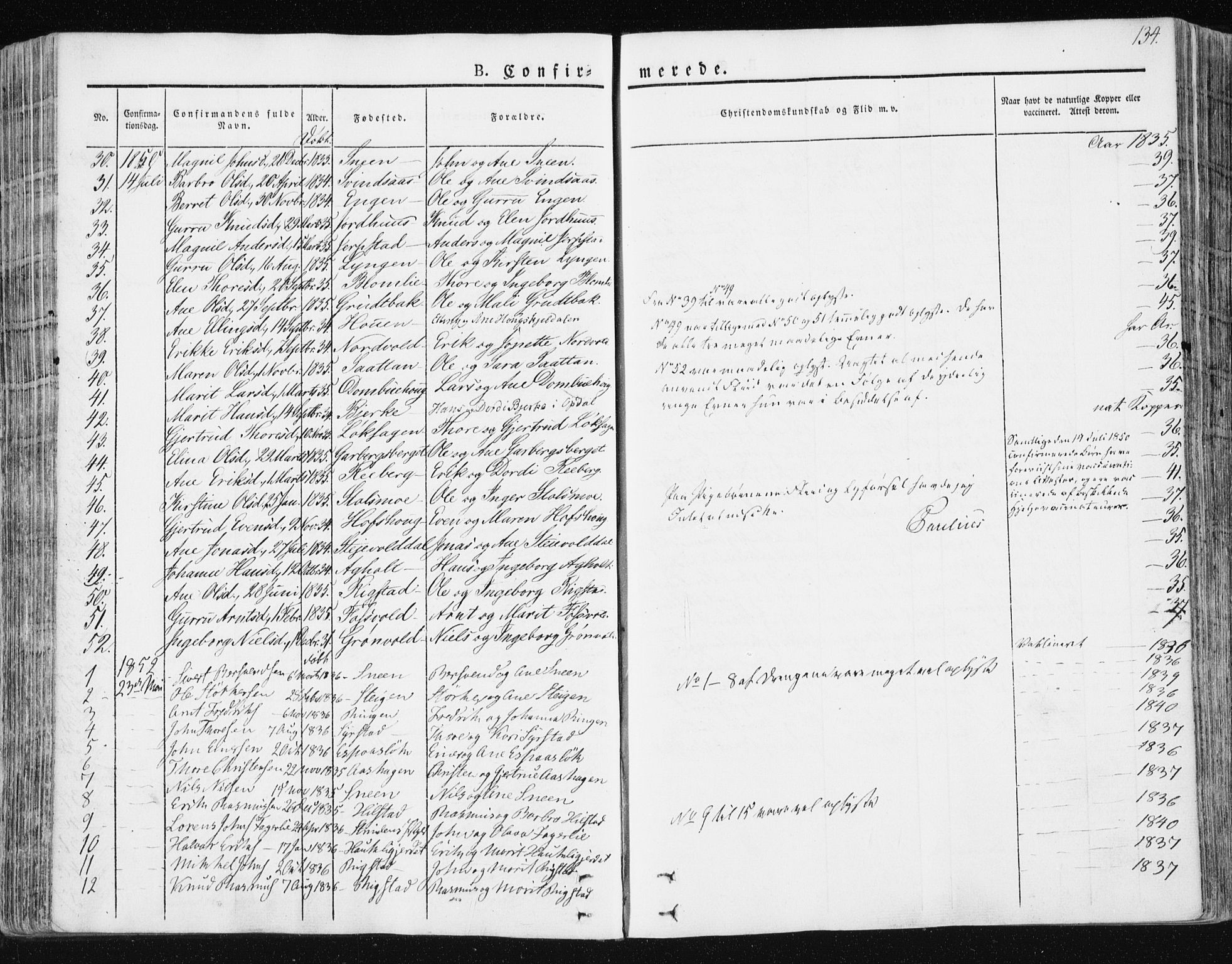 Ministerialprotokoller, klokkerbøker og fødselsregistre - Sør-Trøndelag, SAT/A-1456/672/L0855: Parish register (official) no. 672A07, 1829-1860, p. 134