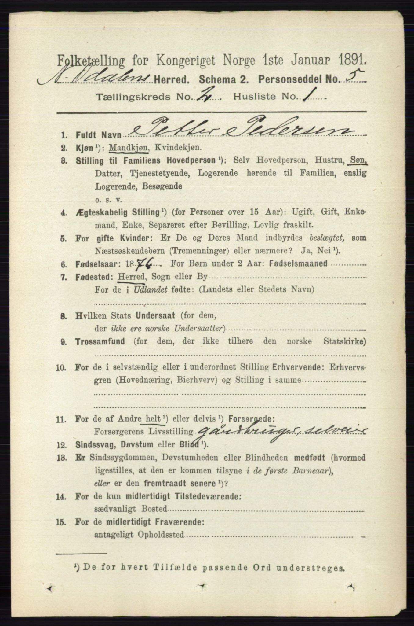 RA, 1891 census for 0418 Nord-Odal, 1891, p. 436