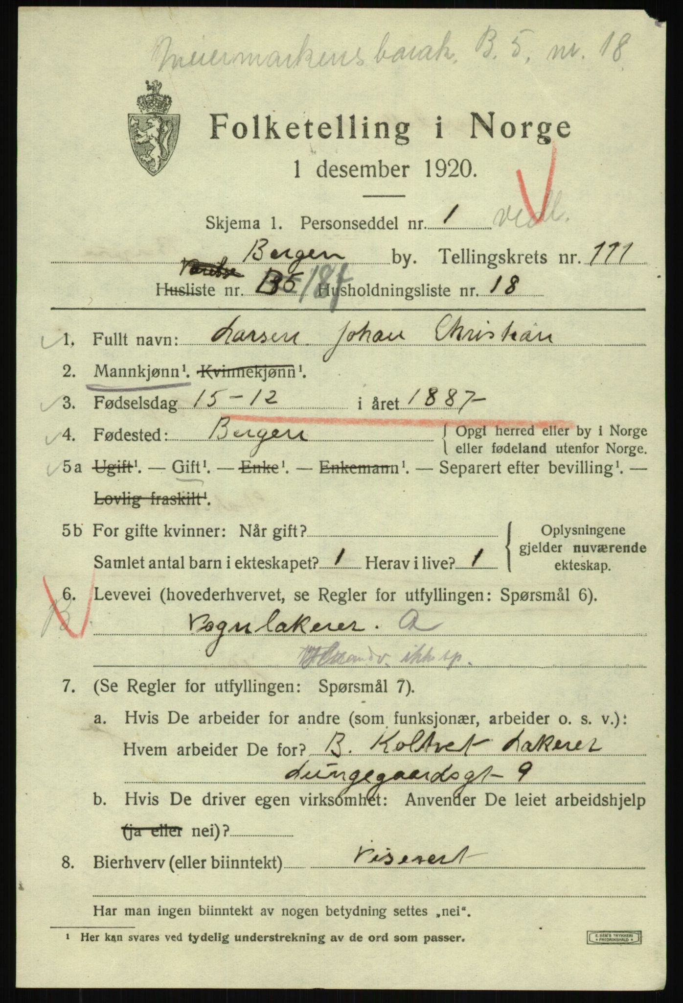 SAB, 1920 census for Bergen, 1920, p. 191753