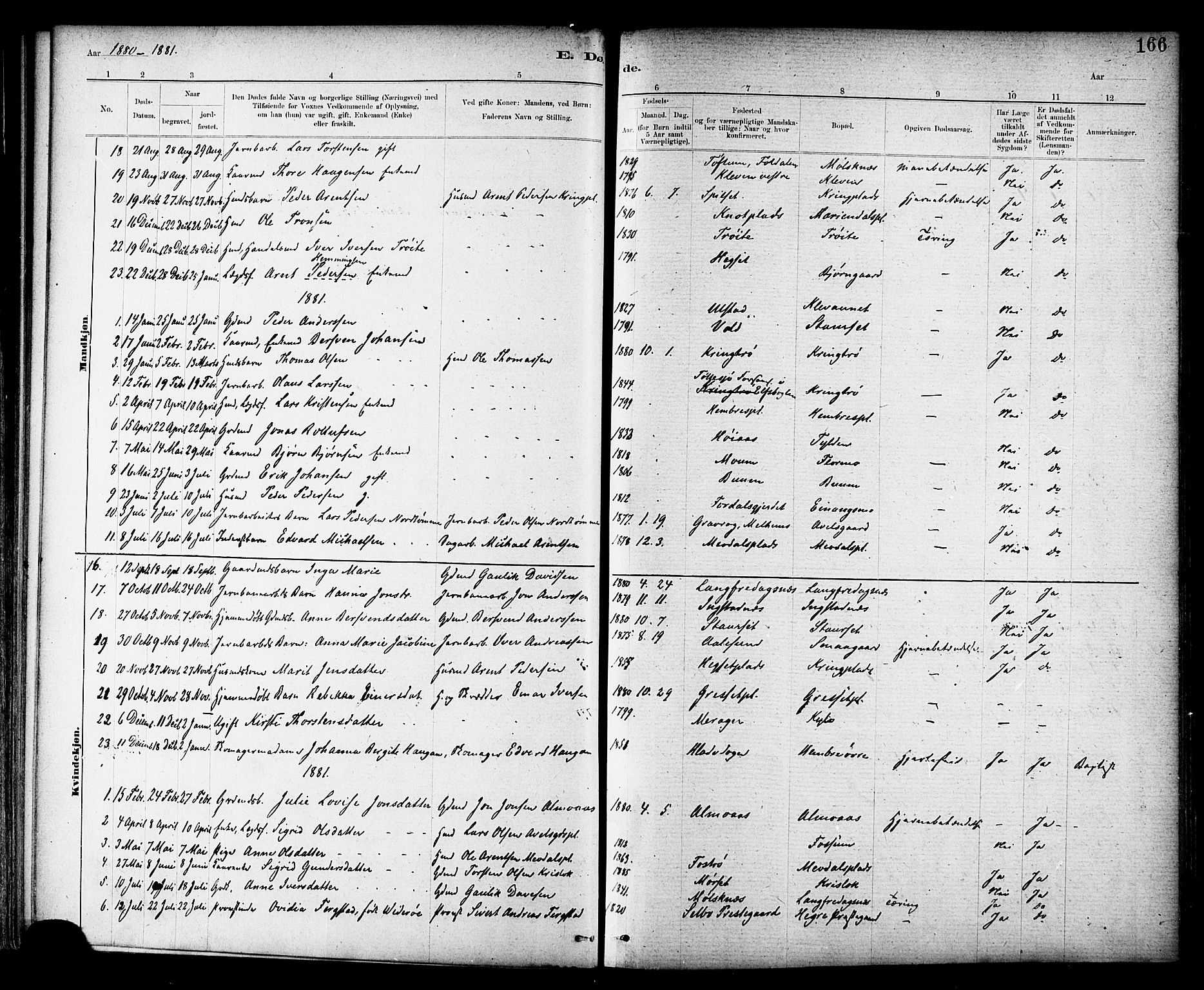 Ministerialprotokoller, klokkerbøker og fødselsregistre - Nord-Trøndelag, SAT/A-1458/703/L0030: Parish register (official) no. 703A03, 1880-1892, p. 166