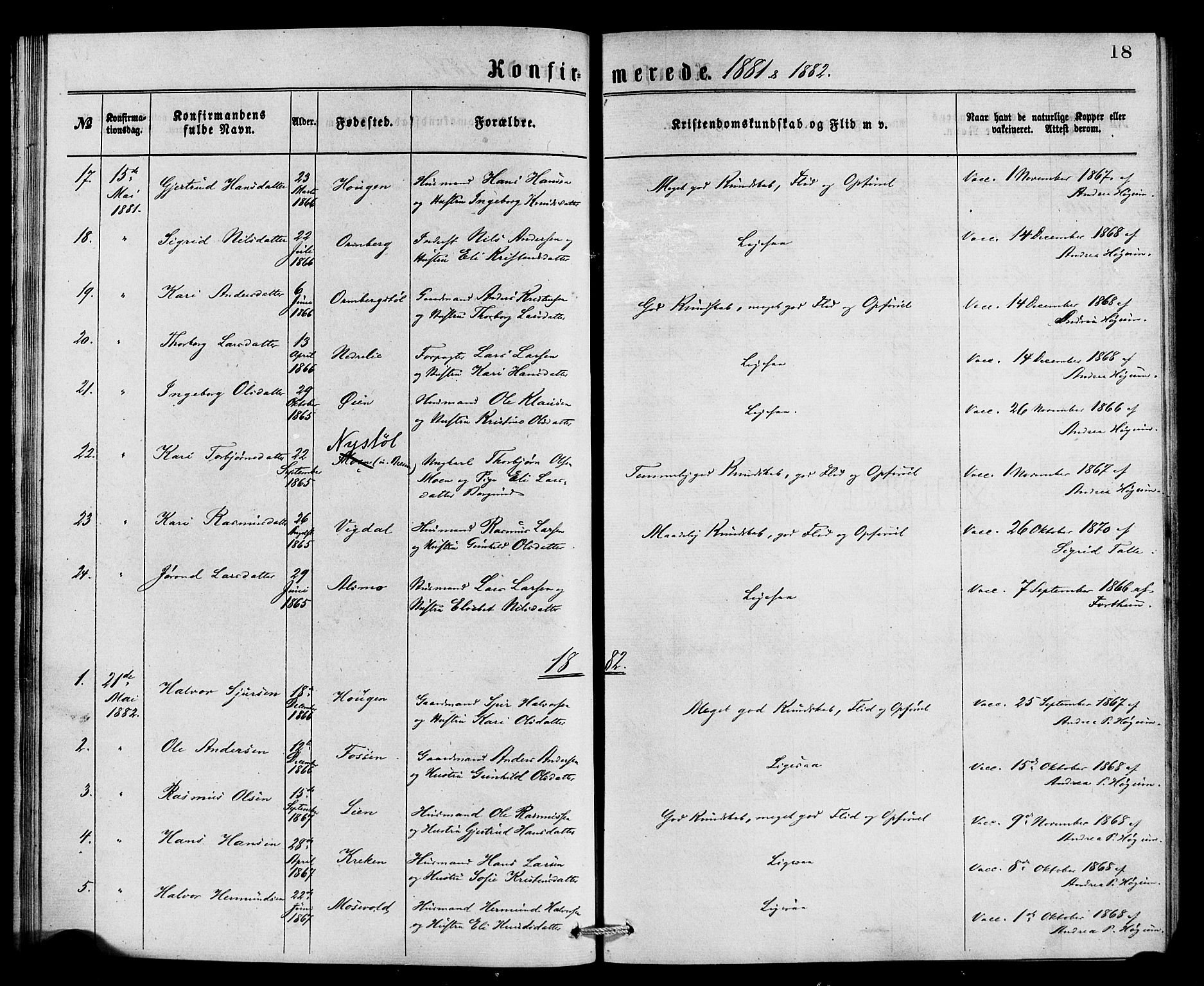 Jostedal sokneprestembete, SAB/A-80601/H/Haa/Haaa/L0007: Parish register (official) no. A 7, 1874-1886, p. 18