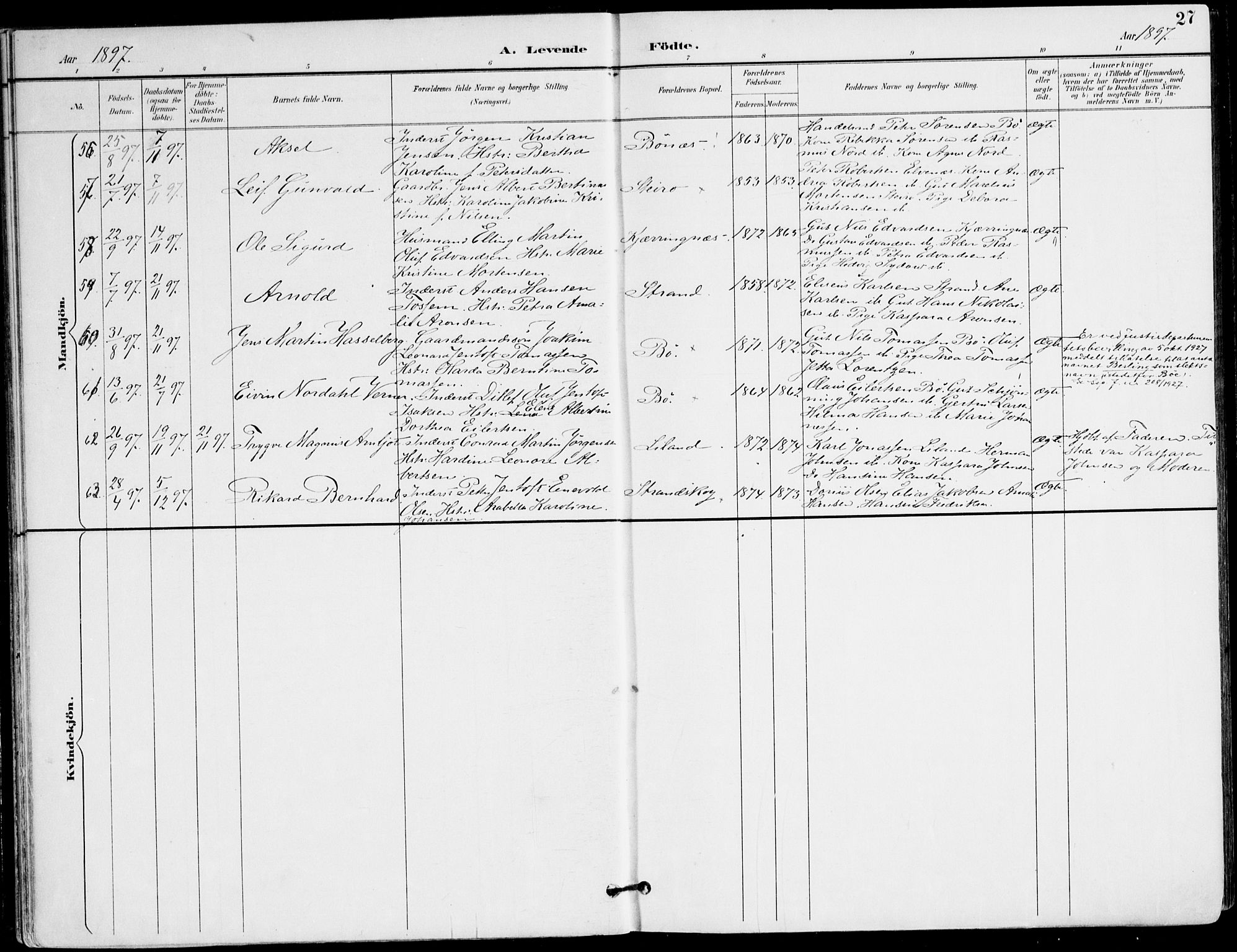 Ministerialprotokoller, klokkerbøker og fødselsregistre - Nordland, AV/SAT-A-1459/895/L1372: Parish register (official) no. 895A07, 1894-1914, p. 27