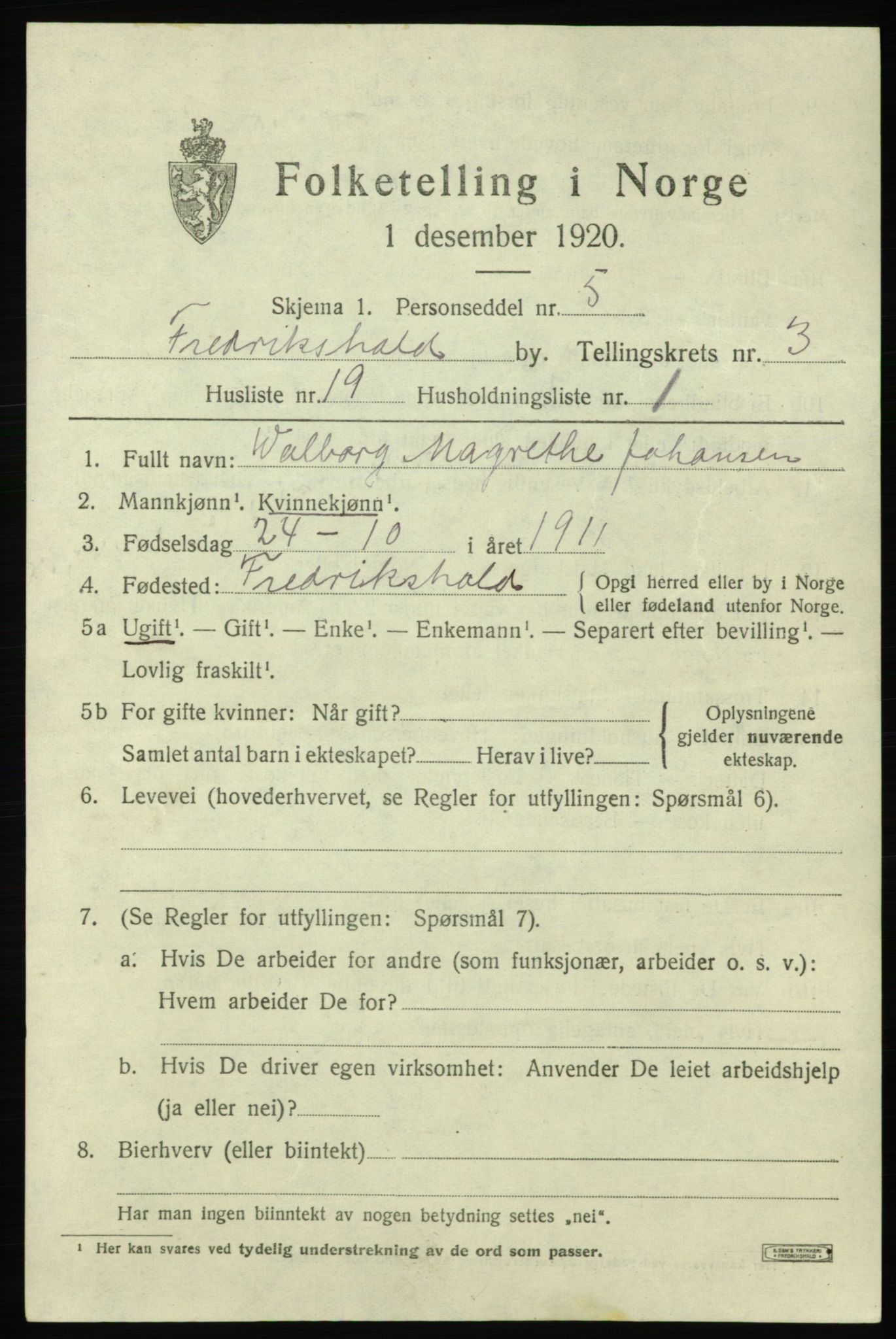 SAO, 1920 census for Fredrikshald, 1920, p. 10904