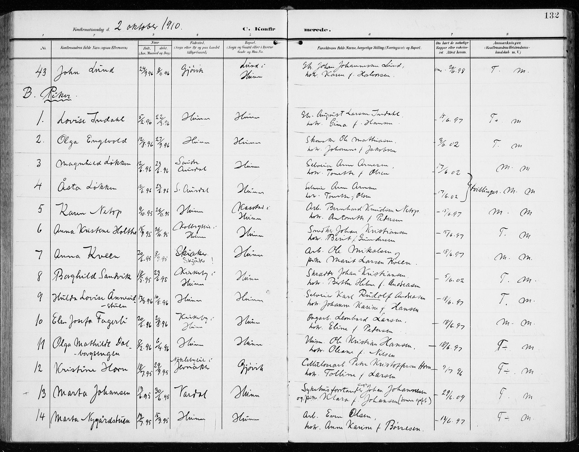 Vardal prestekontor, AV/SAH-PREST-100/H/Ha/Haa/L0016: Parish register (official) no. 16, 1904-1916, p. 132