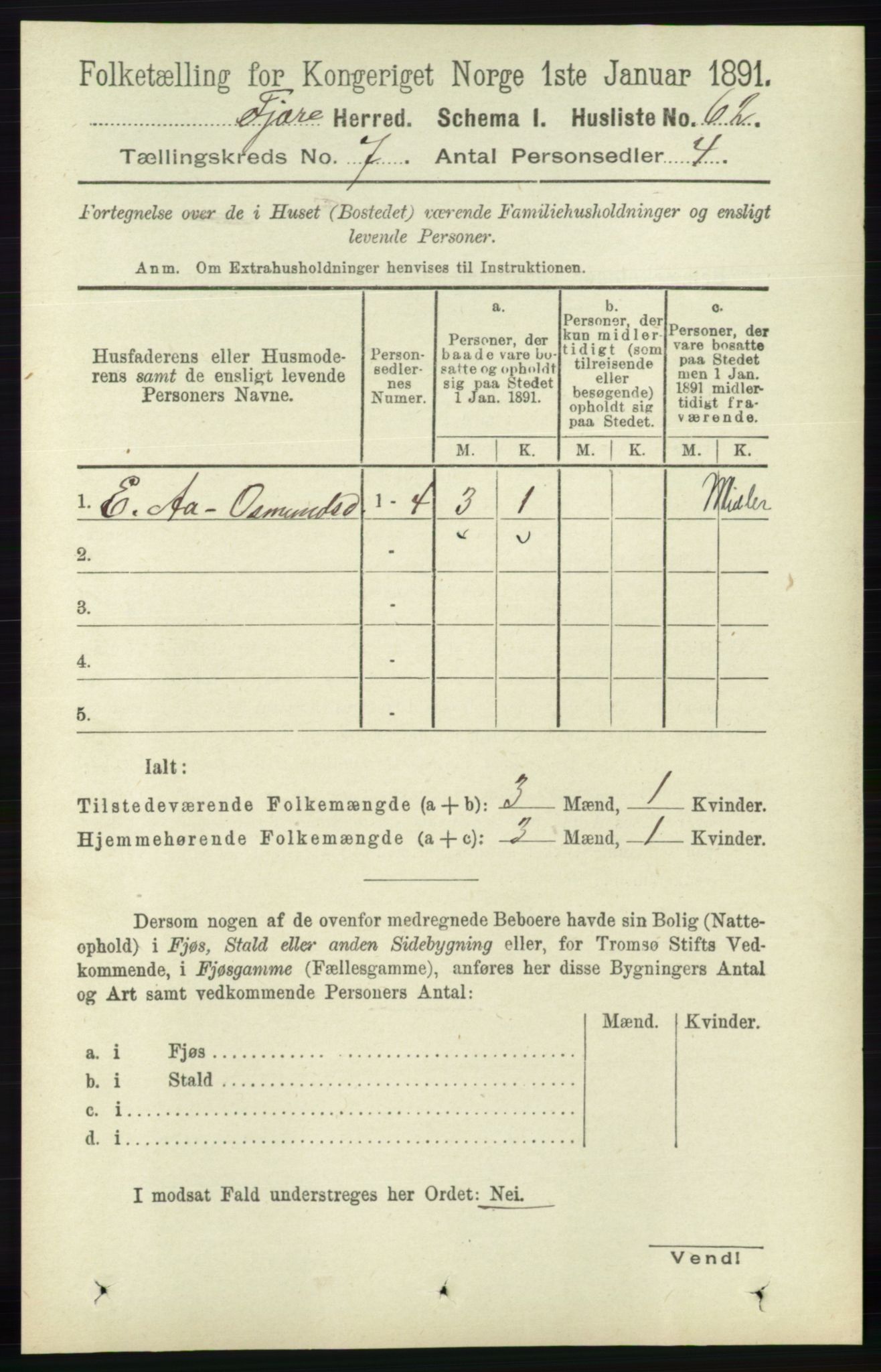 RA, 1891 census for 0923 Fjære, 1891, p. 3185