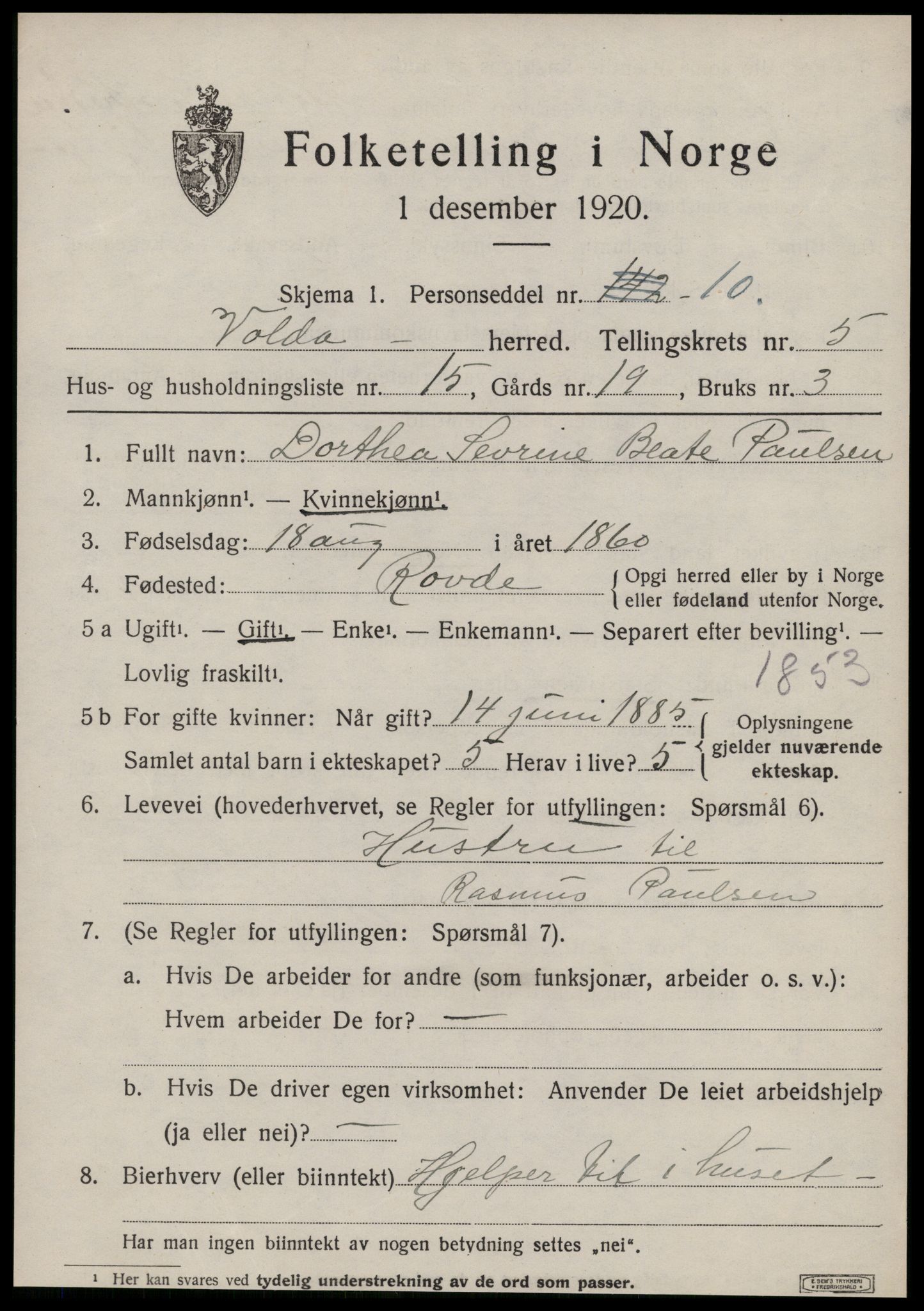 SAT, 1920 census for Volda, 1920, p. 3970