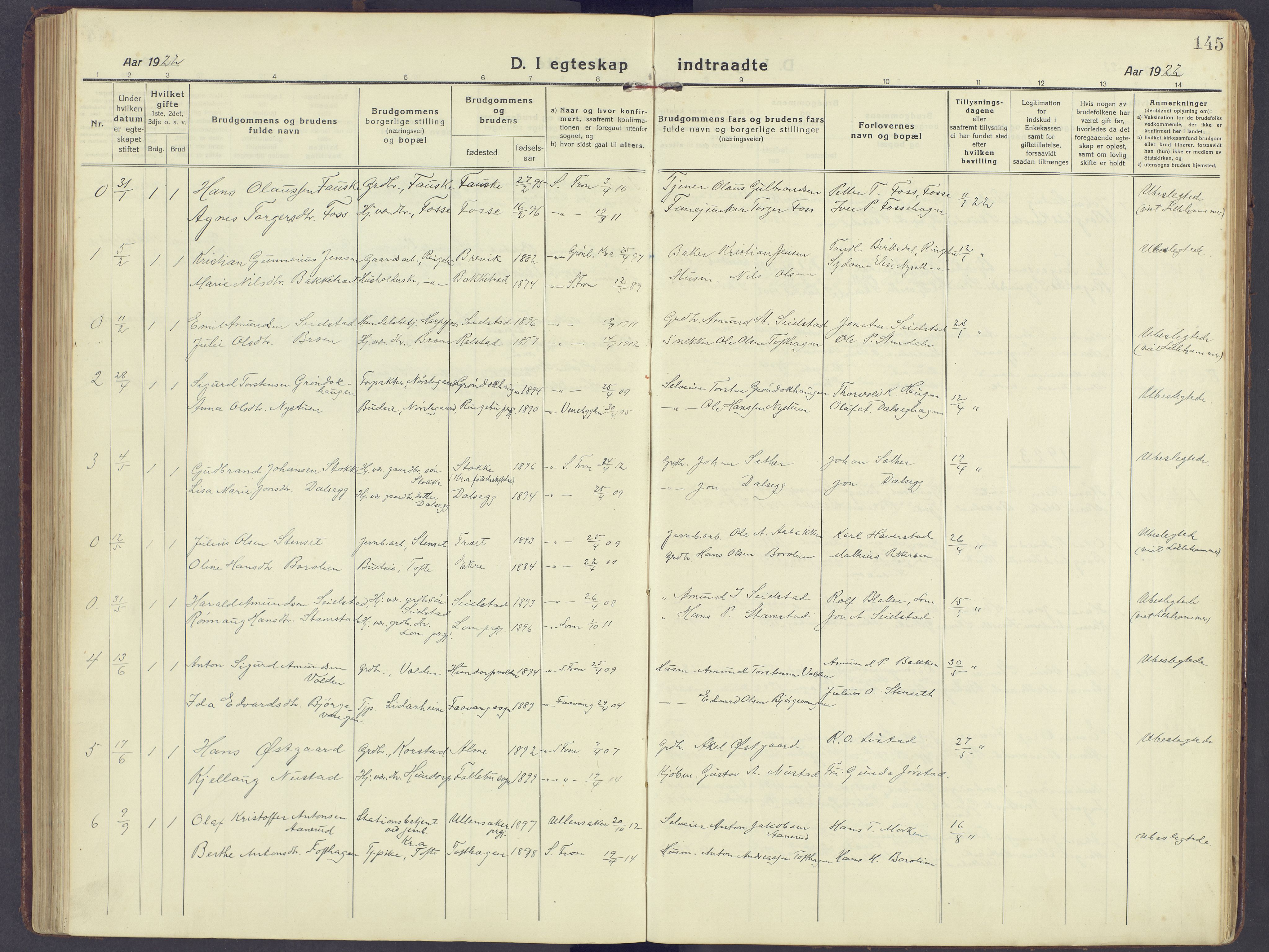 Sør-Fron prestekontor, AV/SAH-PREST-010/H/Ha/Haa/L0005: Parish register (official) no. 5, 1920-1933, p. 145