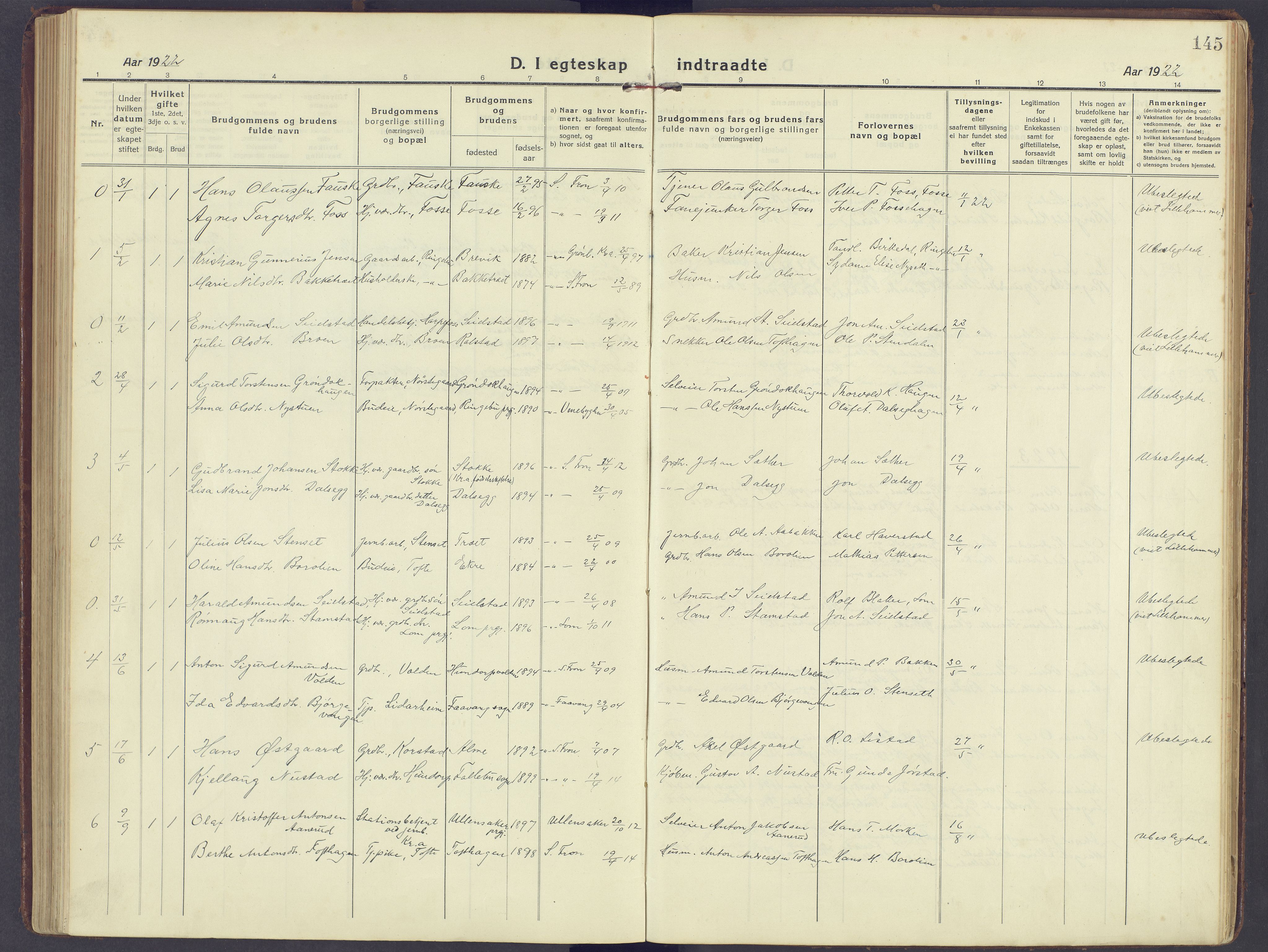 Sør-Fron prestekontor, SAH/PREST-010/H/Ha/Haa/L0005: Parish register (official) no. 5, 1920-1933, p. 145