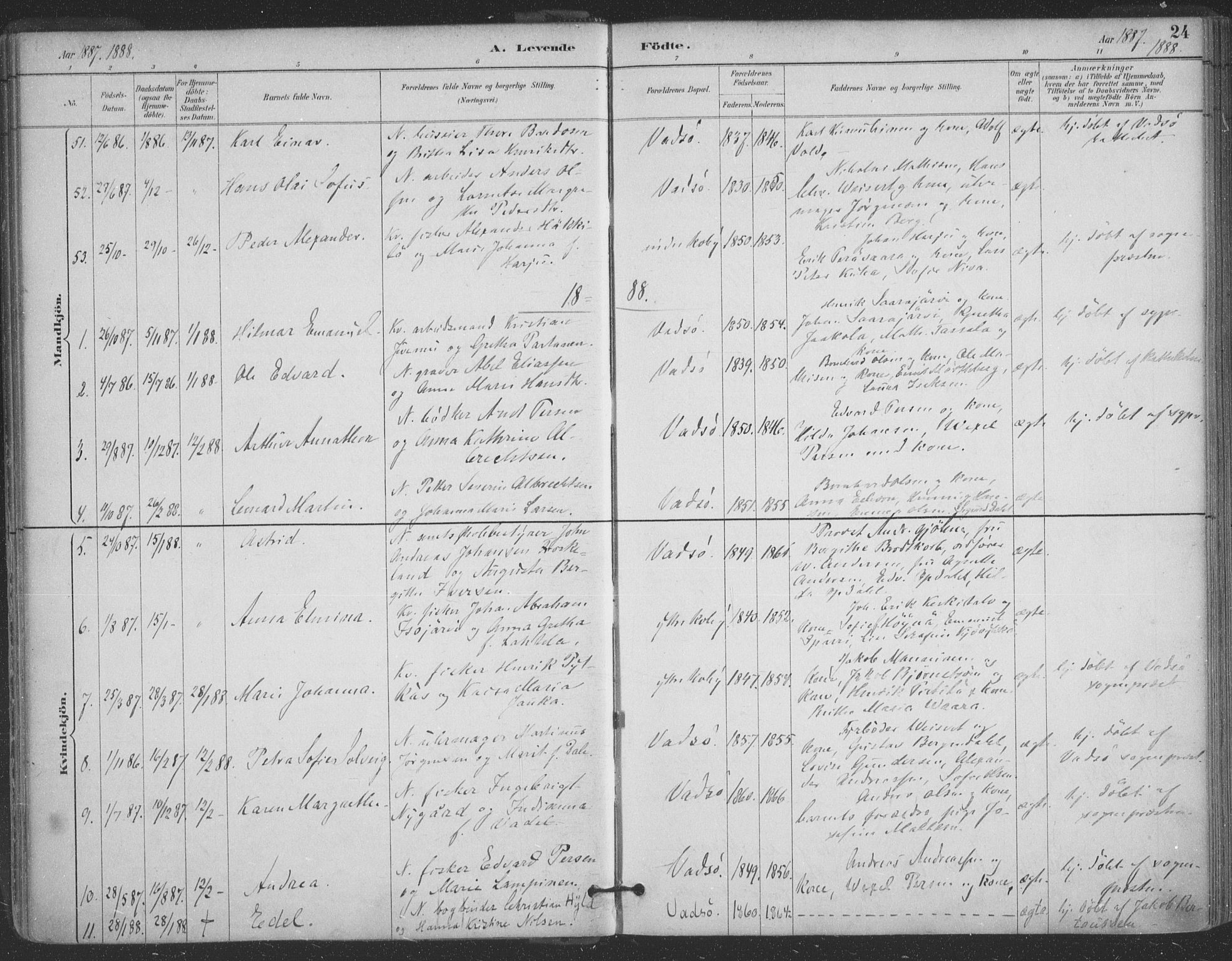 Vadsø sokneprestkontor, AV/SATØ-S-1325/H/Ha/L0006kirke: Parish register (official) no. 6, 1885-1895, p. 24