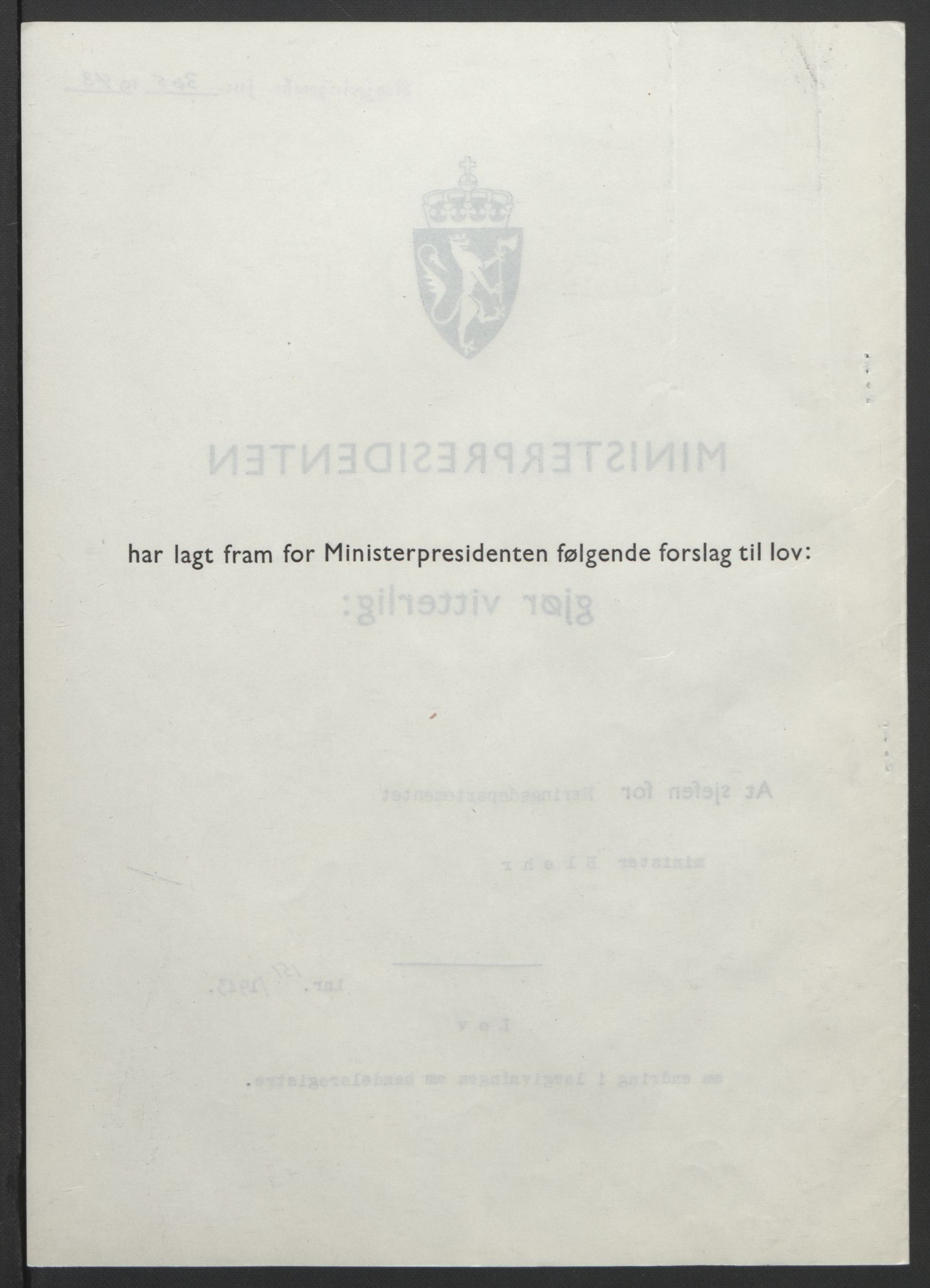 NS-administrasjonen 1940-1945 (Statsrådsekretariatet, de kommisariske statsråder mm), RA/S-4279/D/Db/L0099: Lover, 1943, p. 713