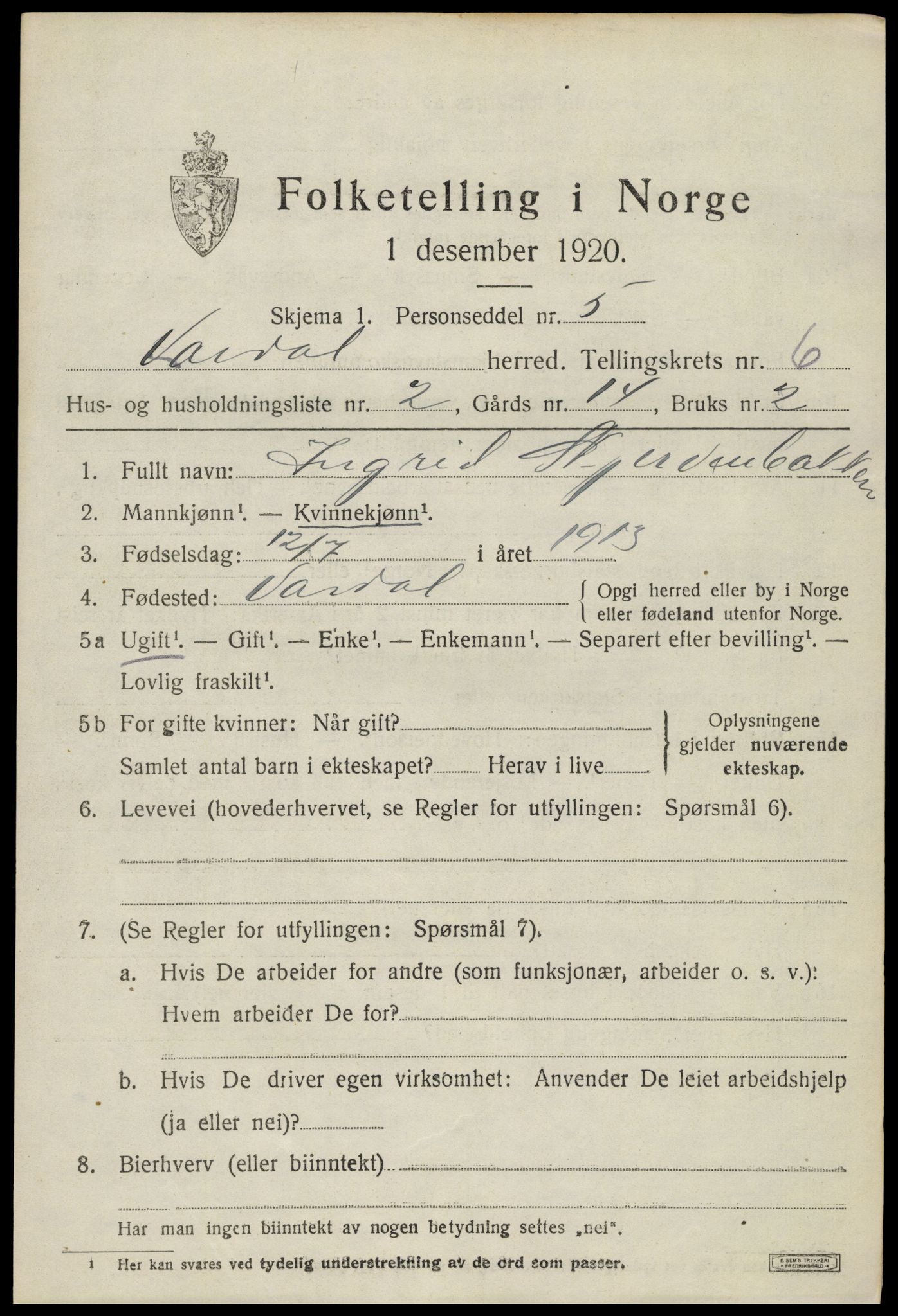 SAH, 1920 census for Vardal, 1920, p. 3885