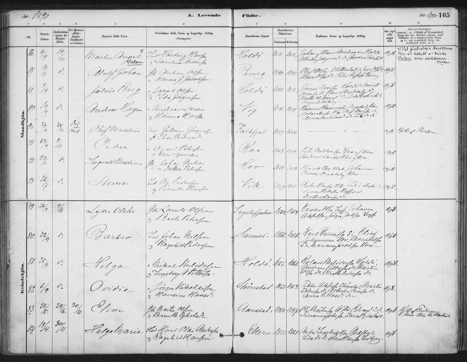 Ministerialprotokoller, klokkerbøker og fødselsregistre - Nordland, AV/SAT-A-1459/888/L1244: Parish register (official) no. 888A10, 1880-1890, p. 165