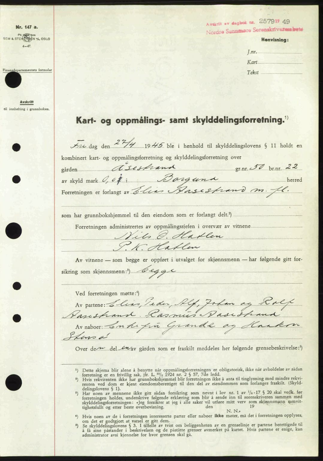 Nordre Sunnmøre sorenskriveri, AV/SAT-A-0006/1/2/2C/2Ca: Mortgage book no. A32, 1949-1949, Diary no: : 2579/1949