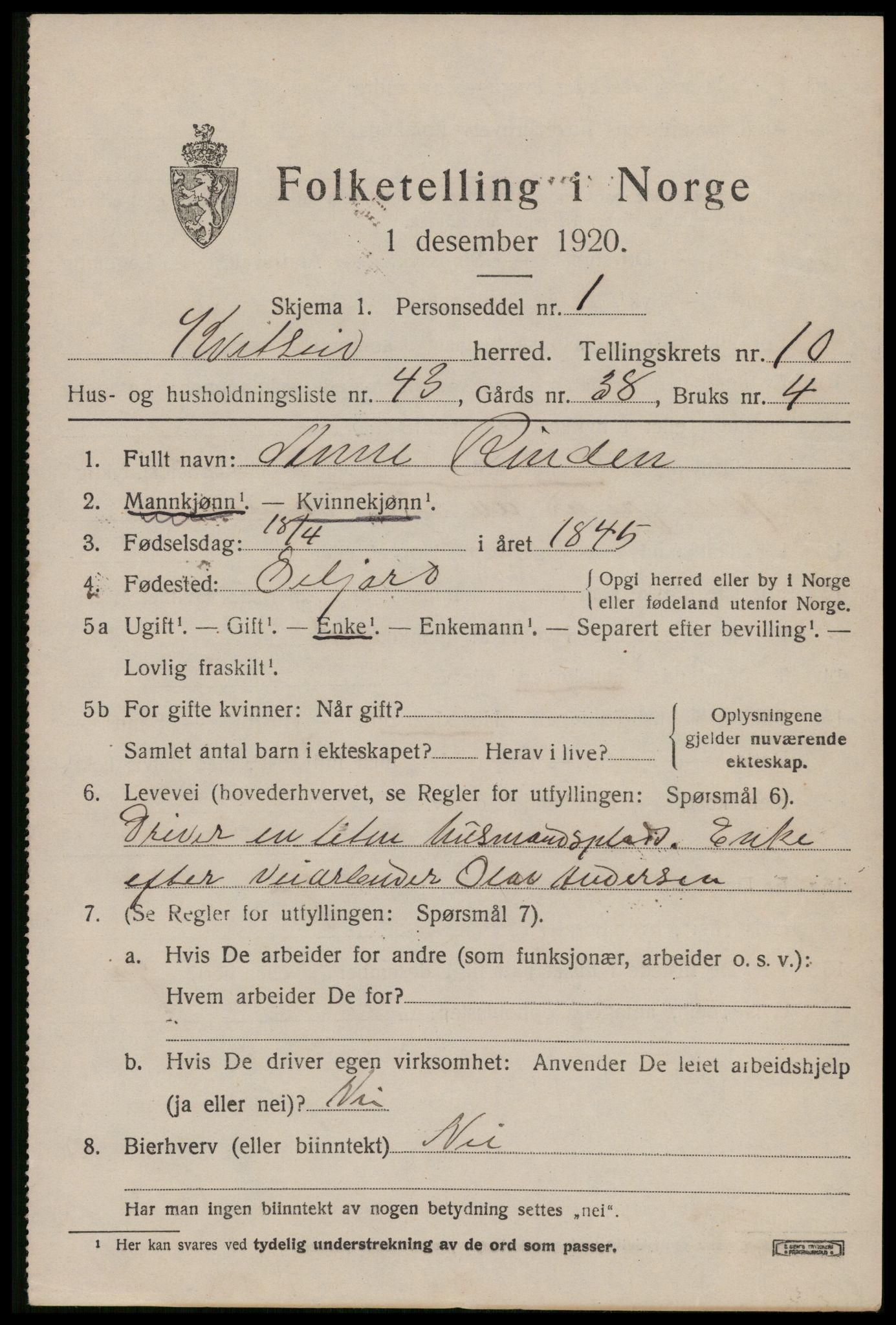 SAKO, 1920 census for Kviteseid, 1920, p. 5231