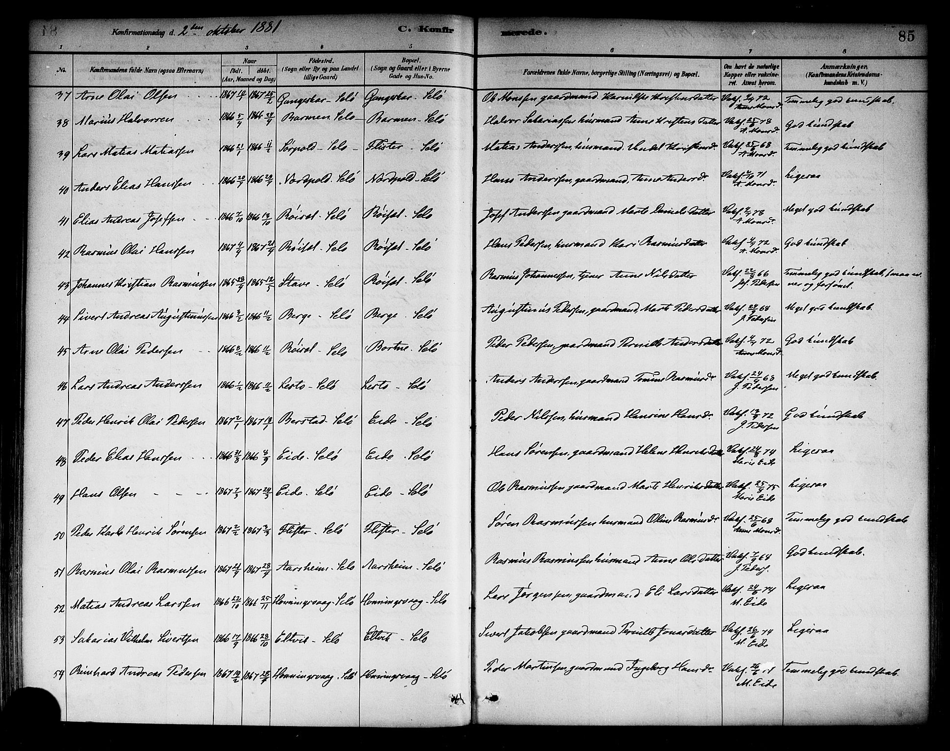 Selje sokneprestembete, AV/SAB-A-99938/H/Ha/Haa/Haab: Parish register (official) no. B 1, 1881-1890, p. 85