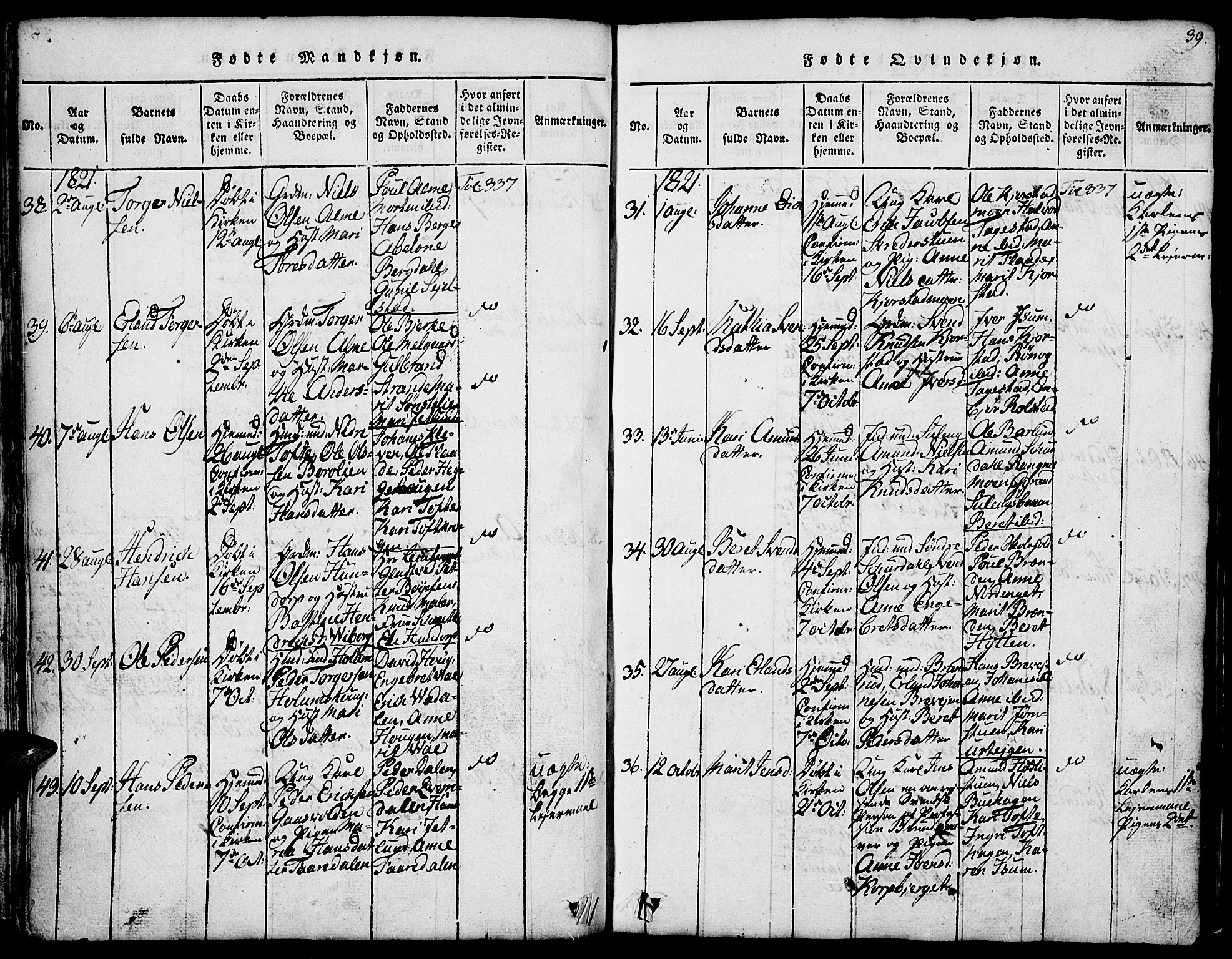 Fron prestekontor, AV/SAH-PREST-078/H/Ha/Hab/L0001: Parish register (copy) no. 1, 1816-1843, p. 39