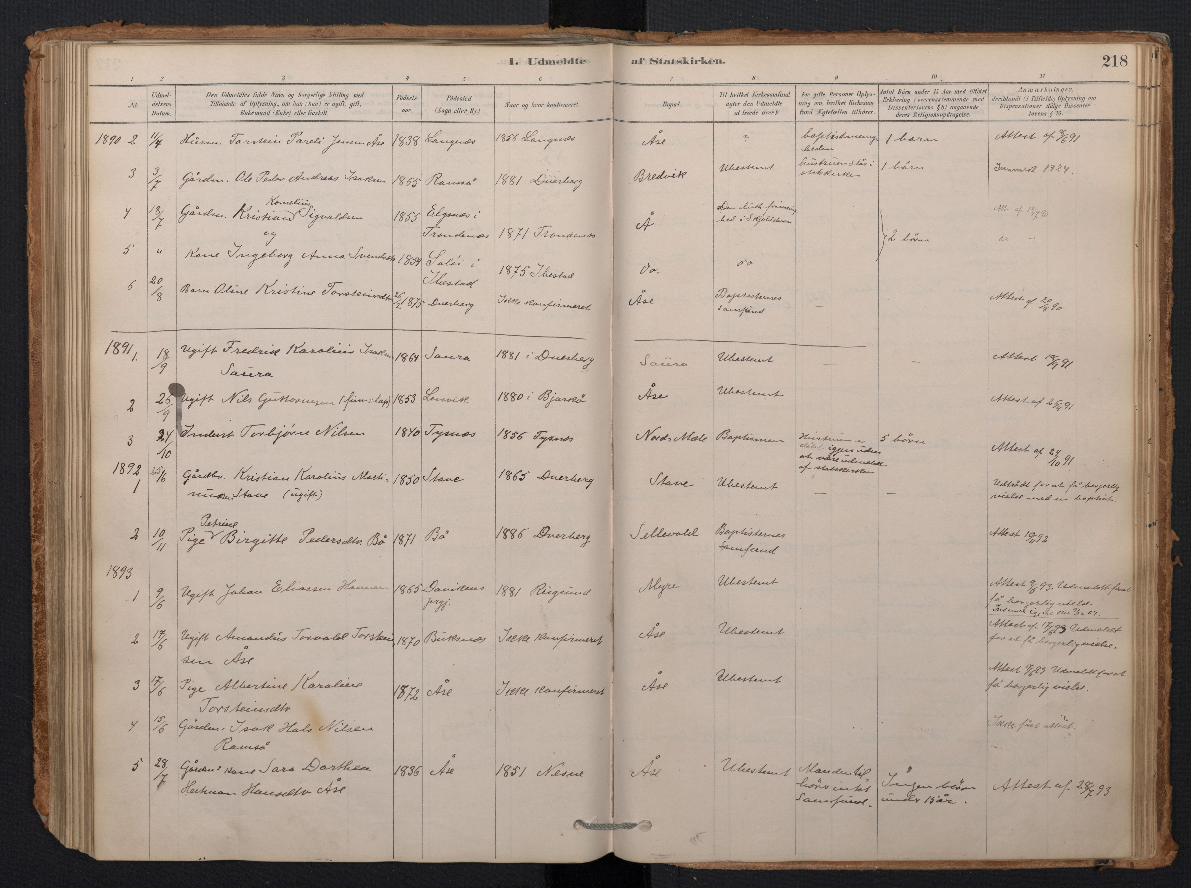 Ministerialprotokoller, klokkerbøker og fødselsregistre - Nordland, AV/SAT-A-1459/897/L1399: Parish register (official) no. 897A06, 1881-1896, p. 218