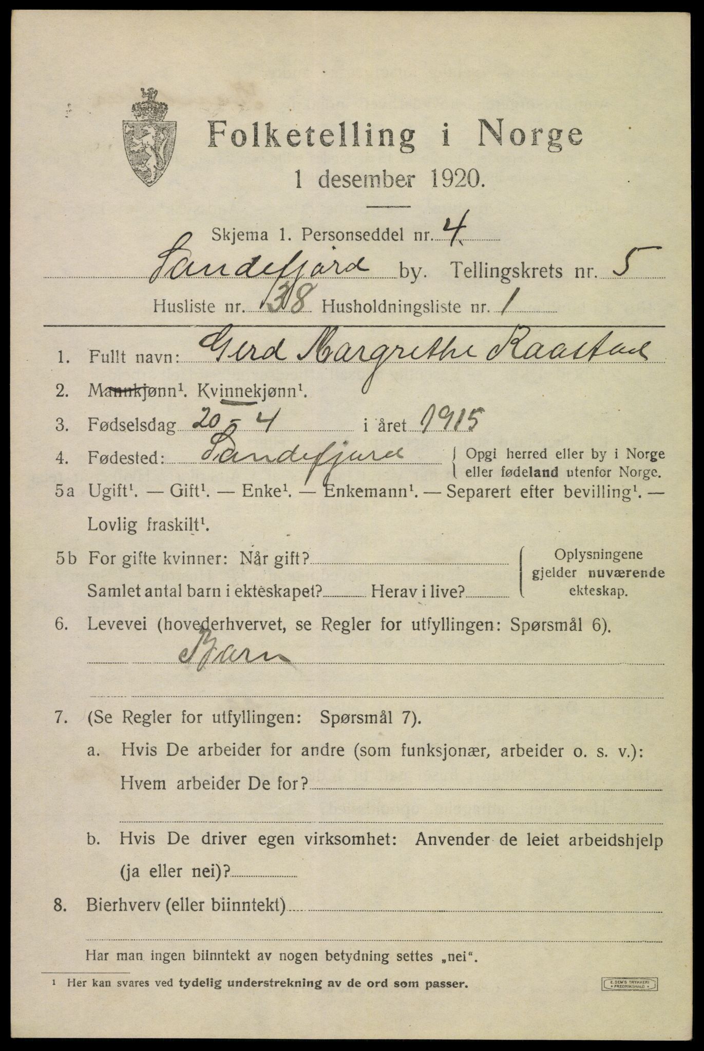 SAKO, 1920 census for Sandefjord, 1920, p. 9168