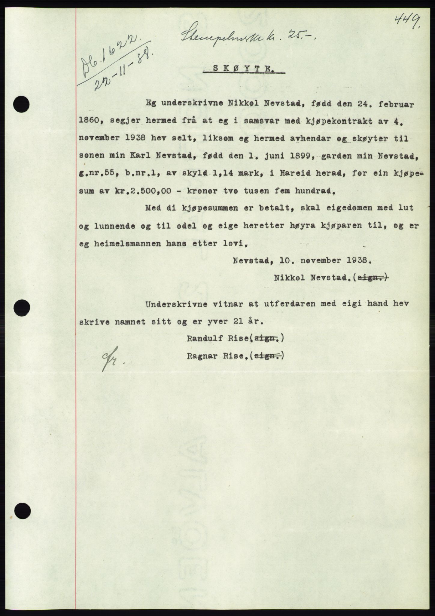 Søre Sunnmøre sorenskriveri, AV/SAT-A-4122/1/2/2C/L0066: Mortgage book no. 60, 1938-1938, Diary no: : 1622/1938