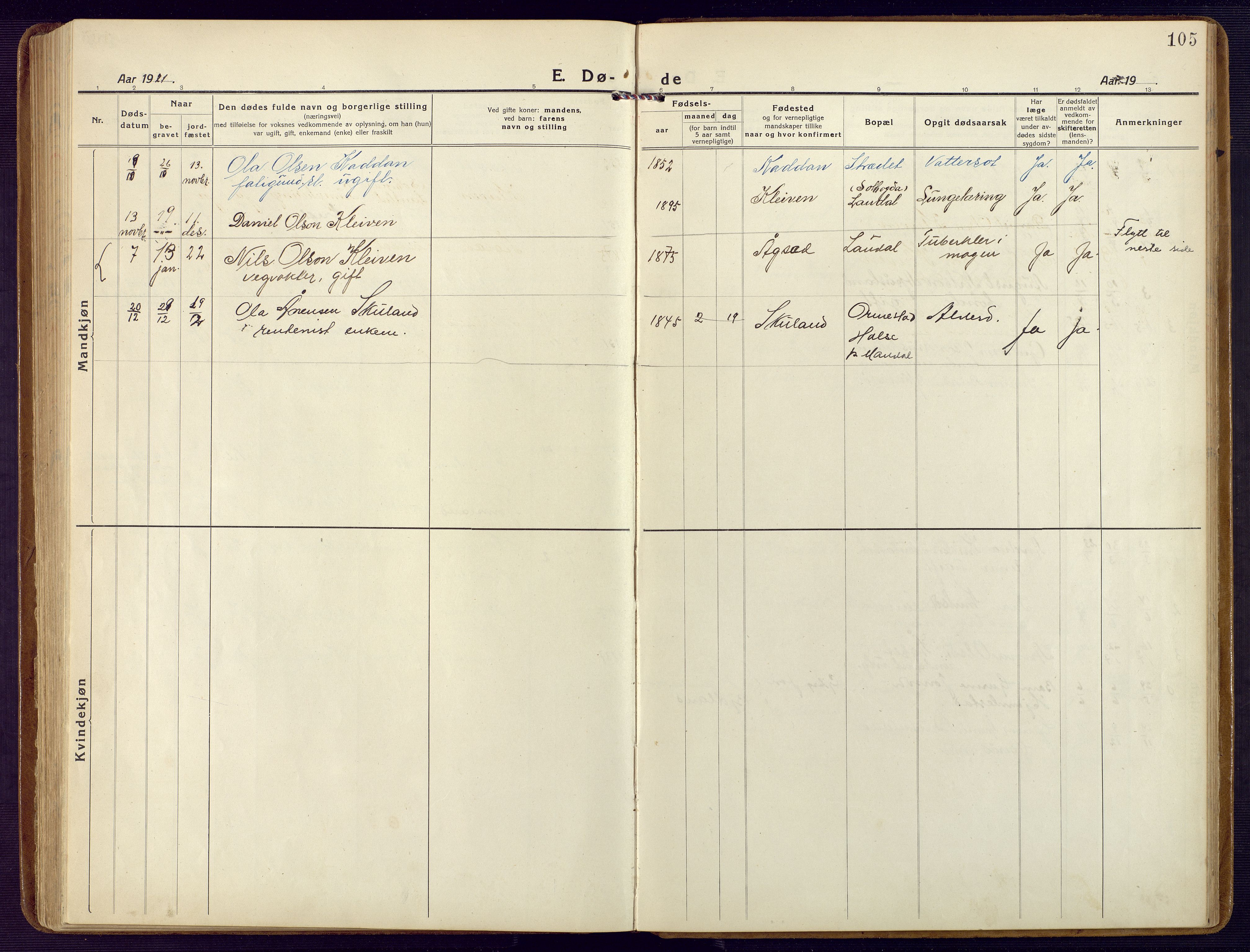 Holum sokneprestkontor, AV/SAK-1111-0022/F/Fb/Fbb/L0005: Parish register (copy) no. B 5, 1920-1945, p. 105