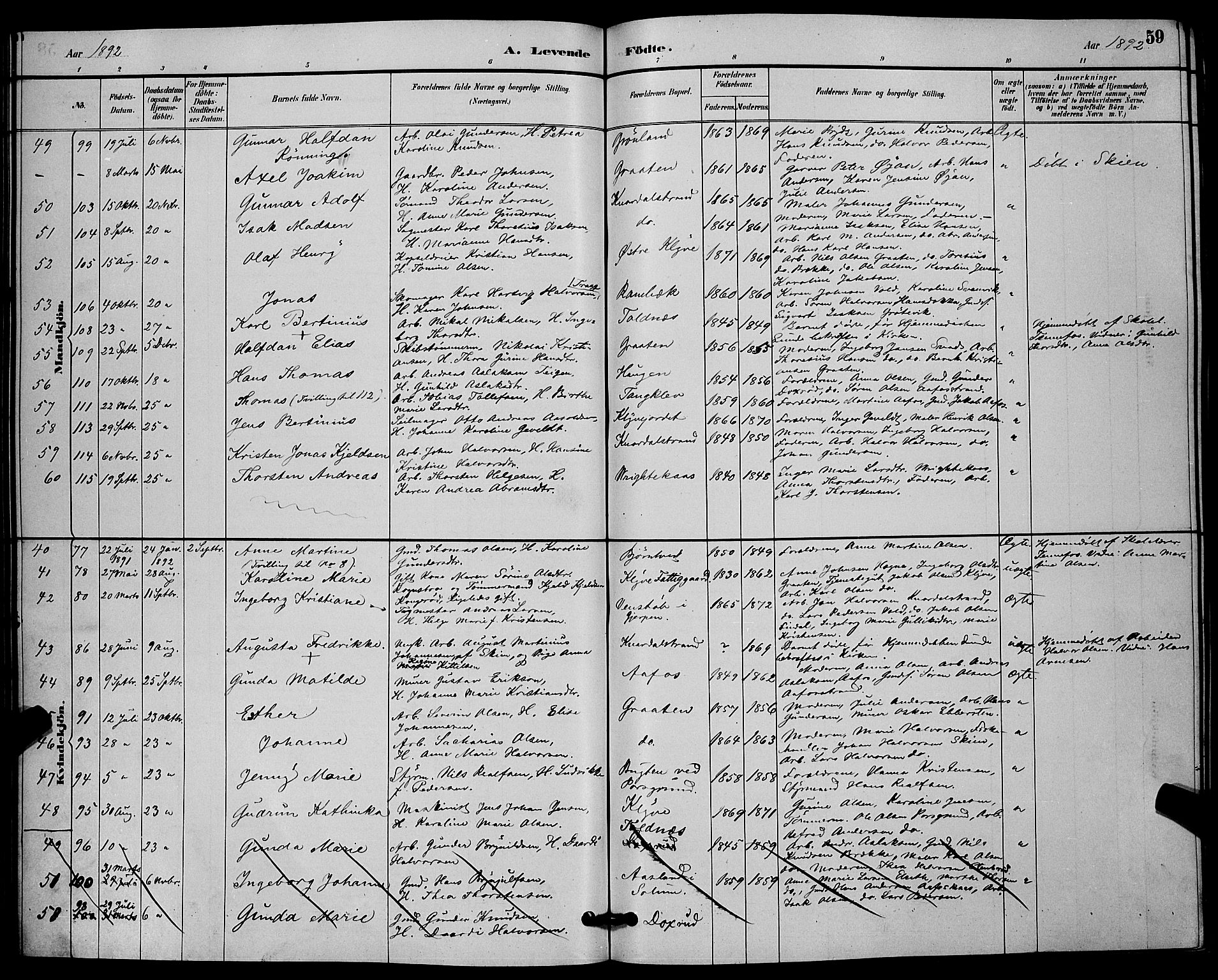 Solum kirkebøker, AV/SAKO-A-306/G/Ga/L0007: Parish register (copy) no. I 7, 1884-1898, p. 59