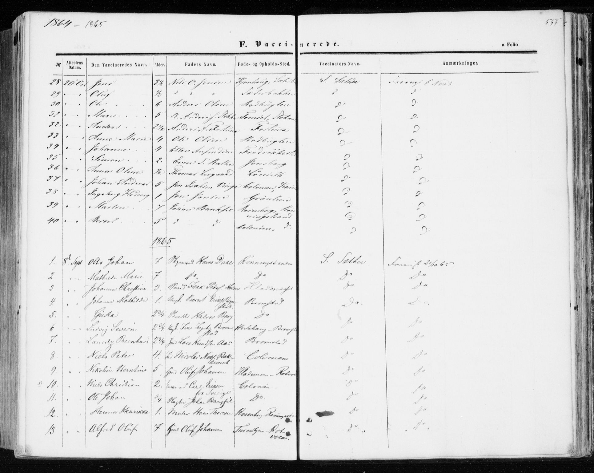 Ministerialprotokoller, klokkerbøker og fødselsregistre - Sør-Trøndelag, SAT/A-1456/606/L0292: Parish register (official) no. 606A07, 1856-1865, p. 555
