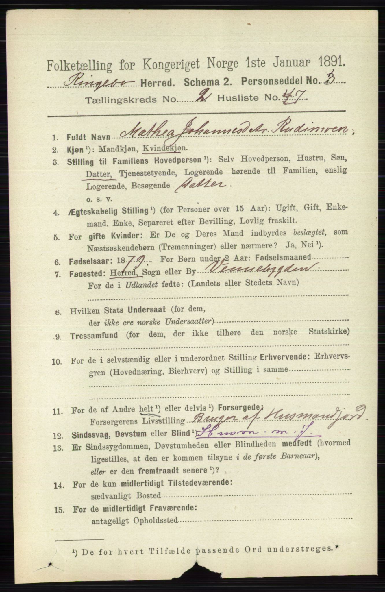 RA, 1891 census for 0520 Ringebu, 1891, p. 612