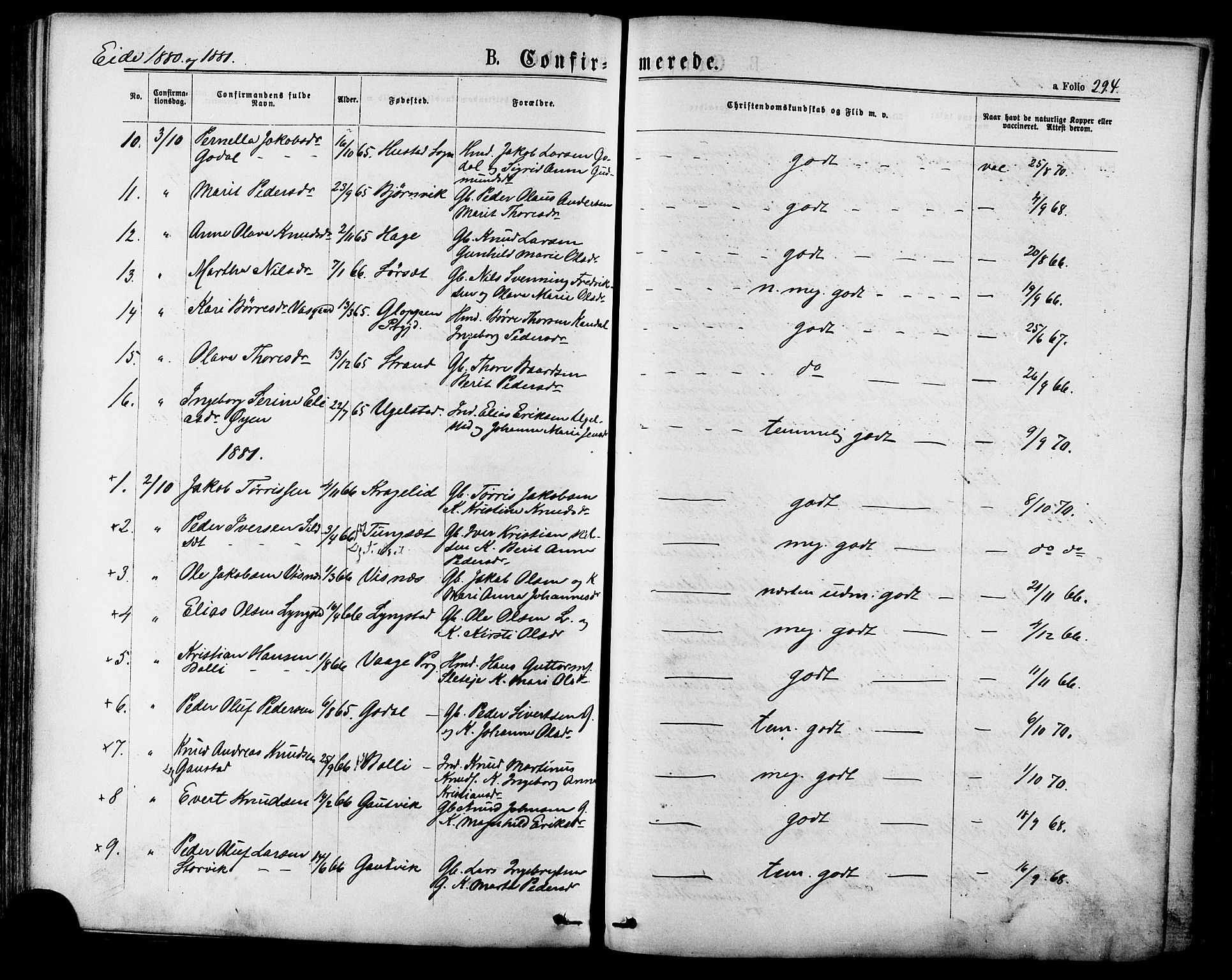 Ministerialprotokoller, klokkerbøker og fødselsregistre - Møre og Romsdal, SAT/A-1454/568/L0806: Parish register (official) no. 568A12 /4, 1878-1884, p. 294