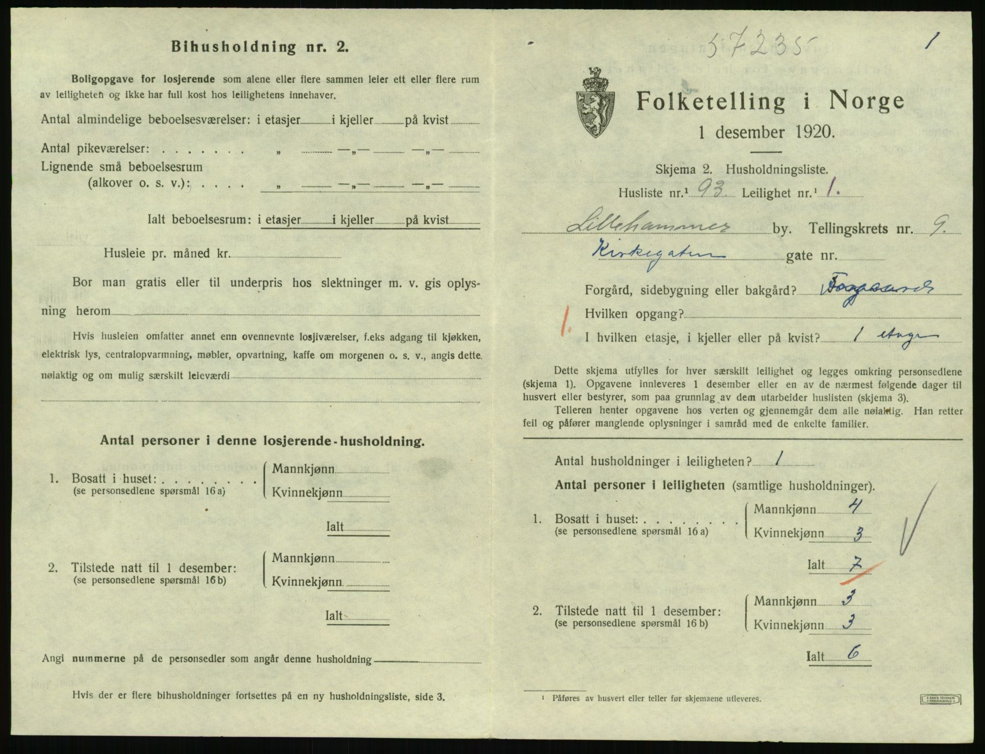 SAH, 1920 census for Lillehammer, 1920, p. 3388