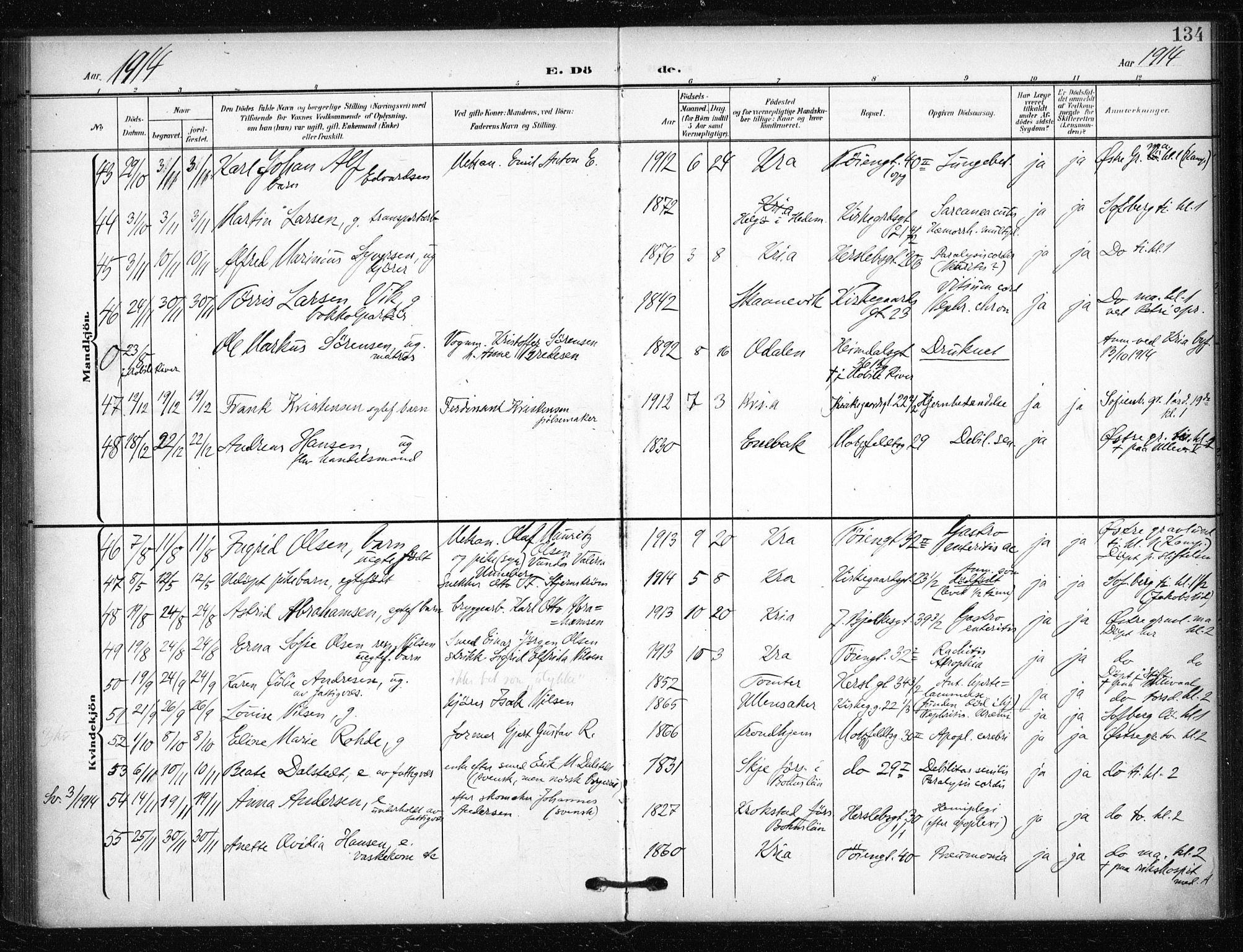 Tøyen prestekontor Kirkebøker, AV/SAO-A-10167a/F/Fa/L0002: Parish register (official) no. I 2, 1907-1916, p. 134